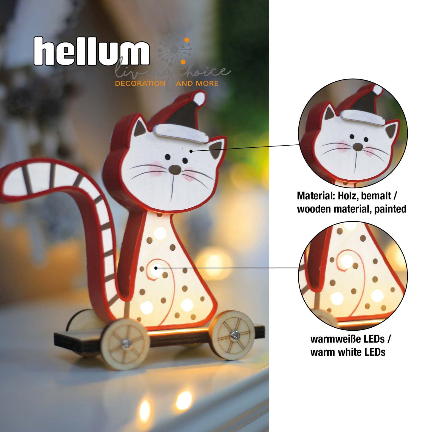 LED-Holz-Katze sitzend, 5 LEDs ww, inkl. Batterien