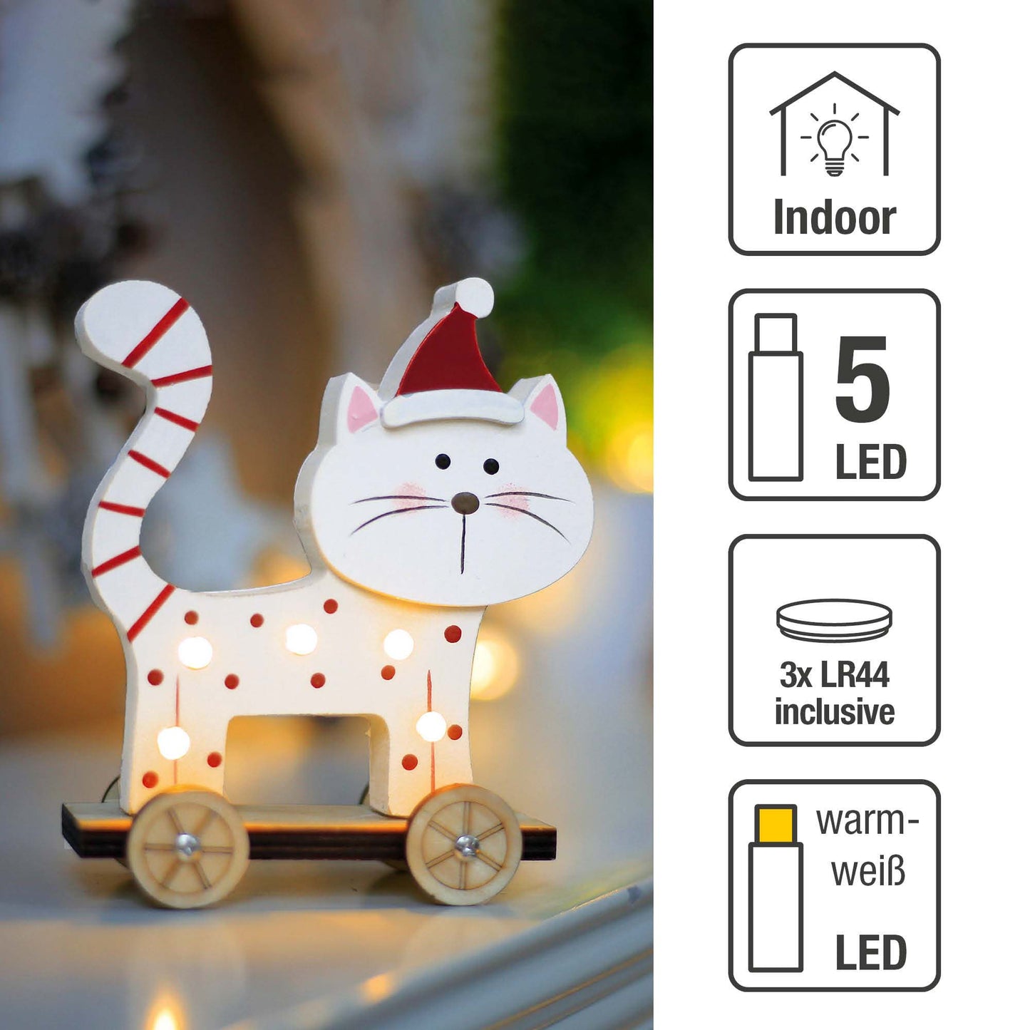 LED-Holz-Katze stehend, 5 LEDS ww, inkl. Batterien