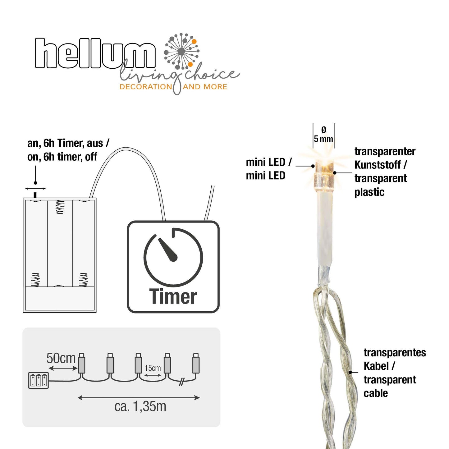 LED-Lichterkette, 10 LEDs ww, transparentes Kabel, batteriebetrieben