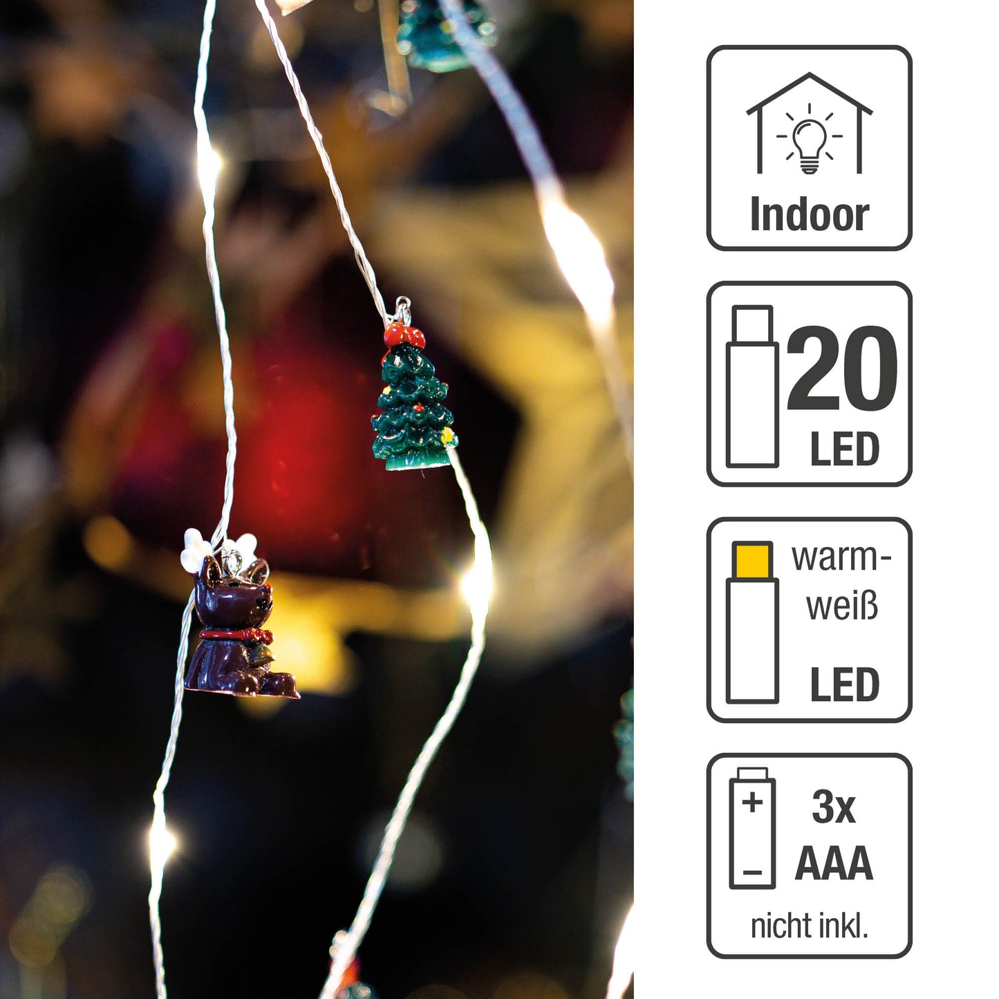 LED-Lichterkette, Kupferkabel, Rentiere und Bäume, 20 LEDs ww,  batteriebetrieben