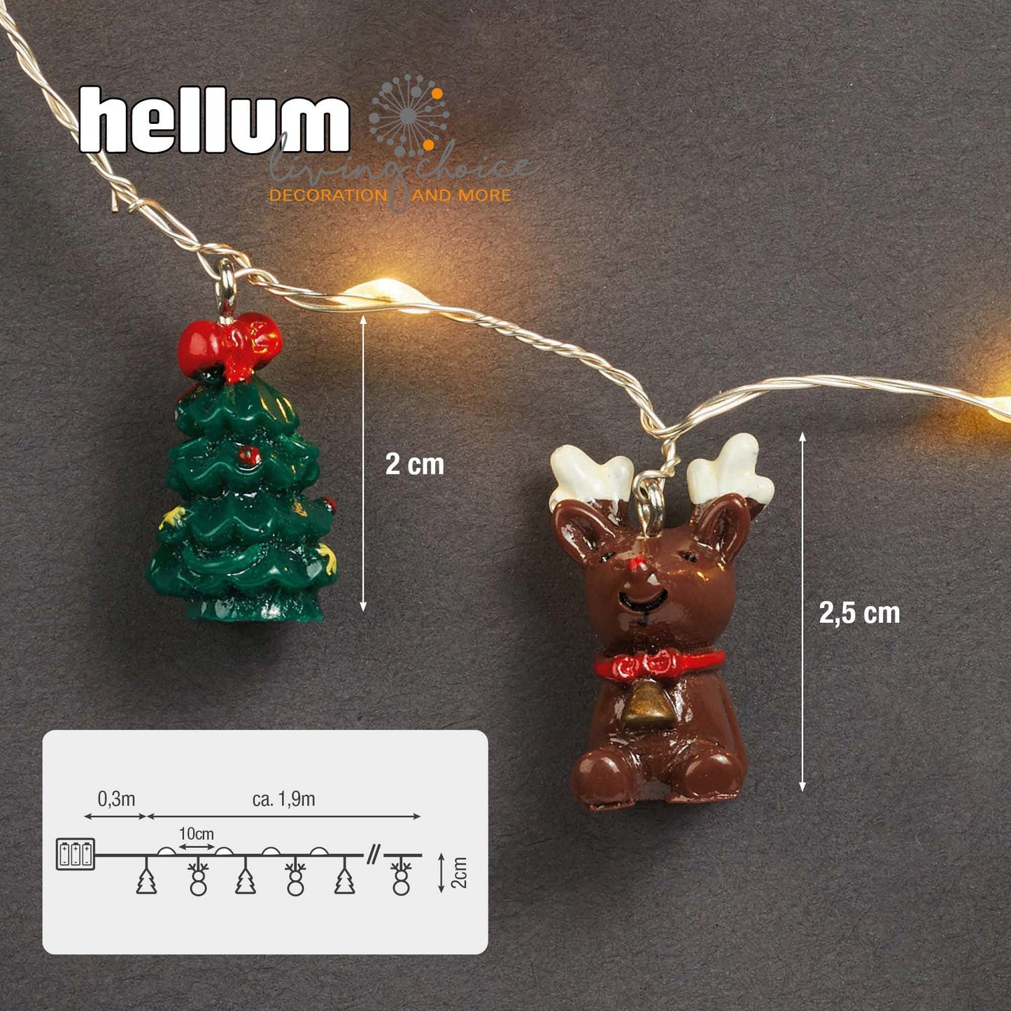 LED-Lichterkette, Kupferkabel, Rentiere und Bäume, 20 LEDs ww,  batteriebetrieben