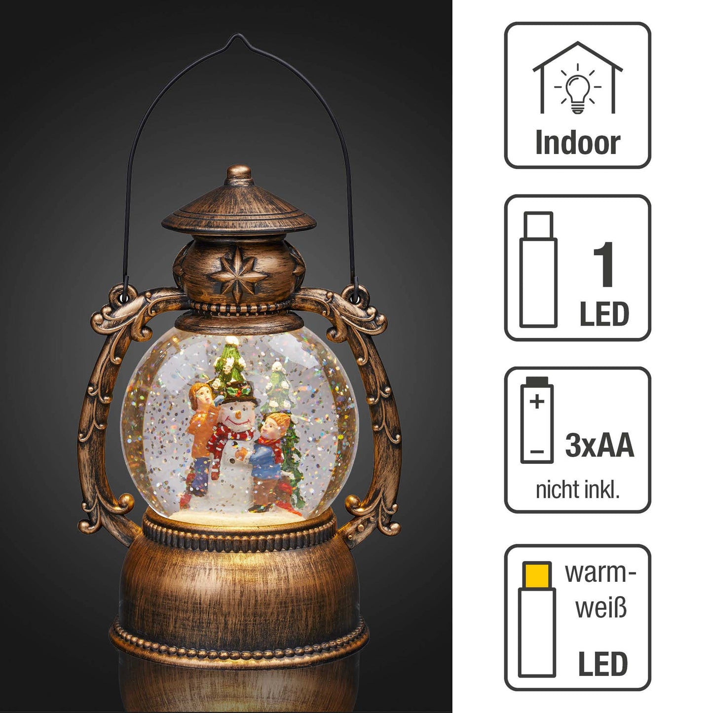 LED-Wasser-Kugellaterne mit Schneemann und Weihnachtsbaum, batteriebetrieben