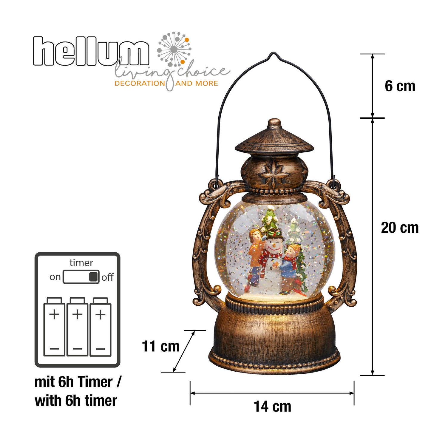 LED-Wasser-Kugellaterne mit Schneemann und Weihnachtsbaum, batteriebetrieben