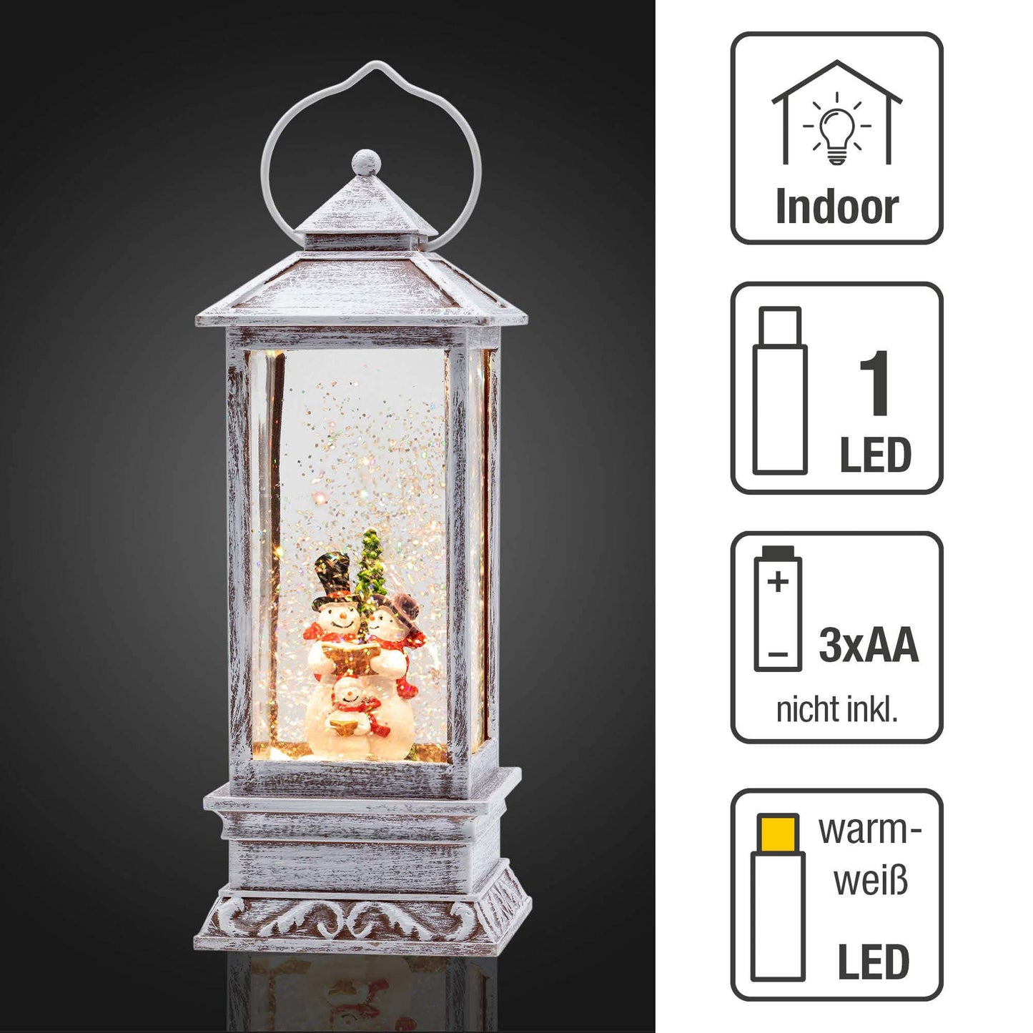 LED-Wasser-Turmlaterne, weiß, mit Schneemann-Familie, batteriebetrieben