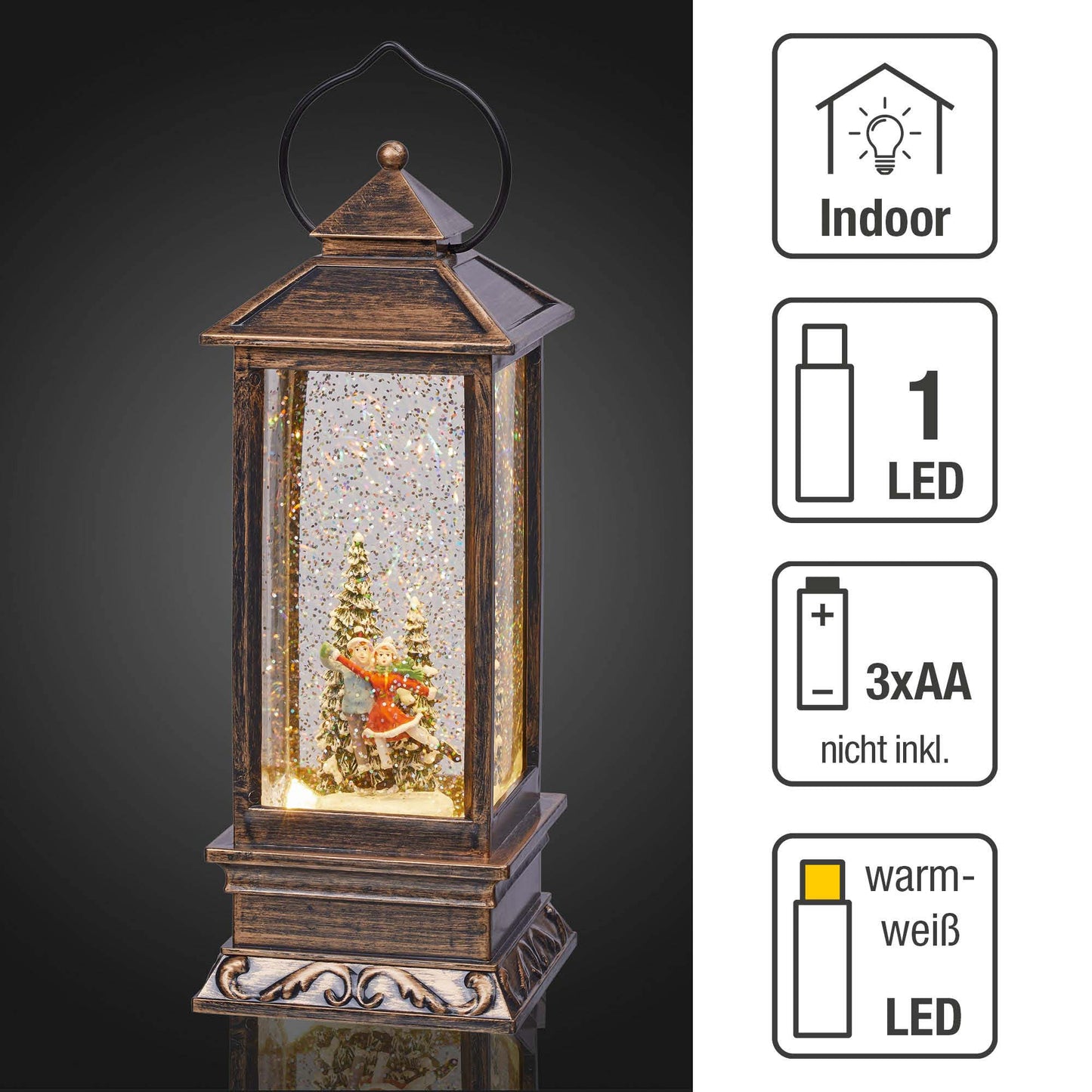 LED-Wasser-Turmlaterne mit Eislaufpaar, batteriebetrieben
