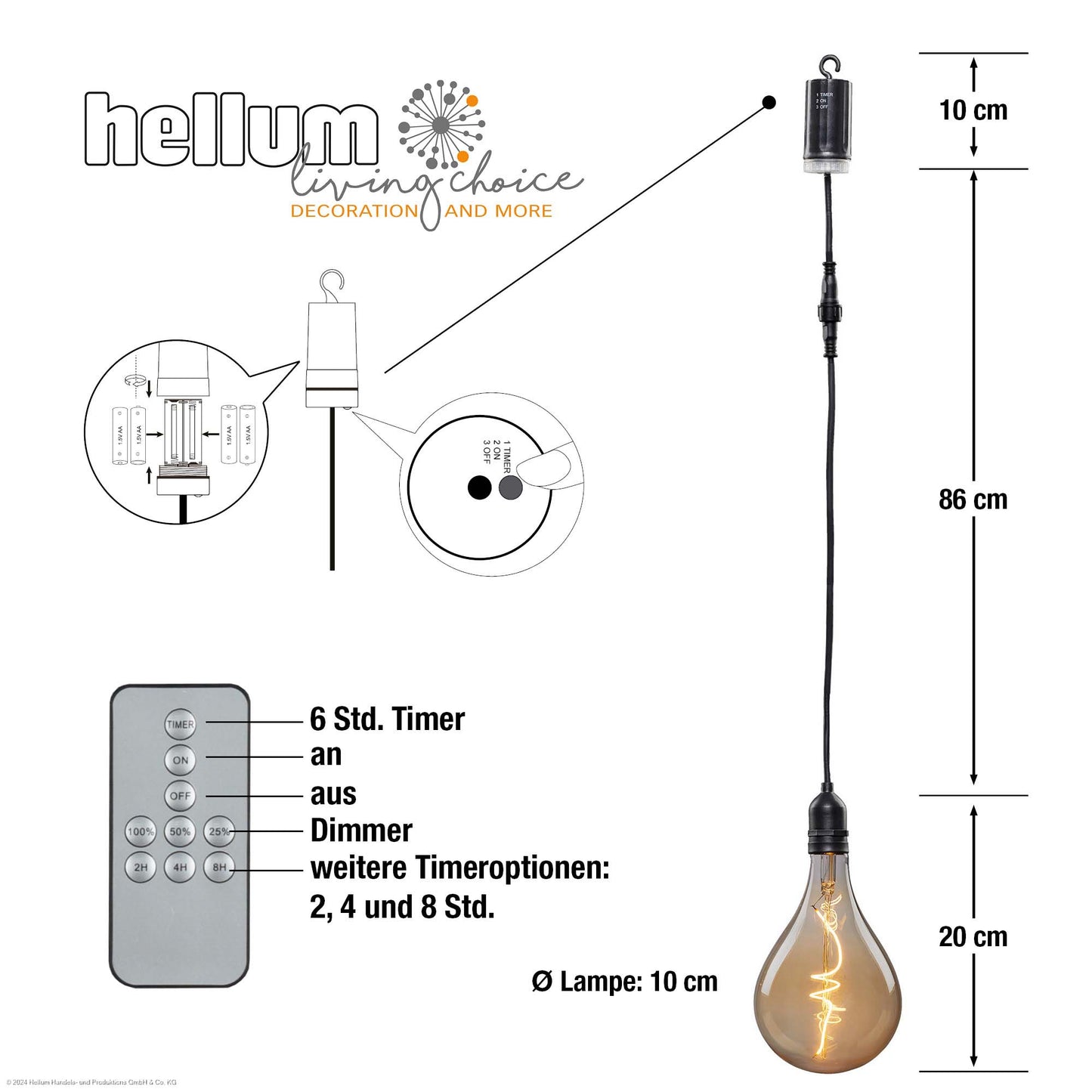 Hellum Hängelampe Outdoor Ø10x20 cm dimmbar, Batterie (nicht inkl.) & Fernbedienung, Retro goldene Glühbirne 524376