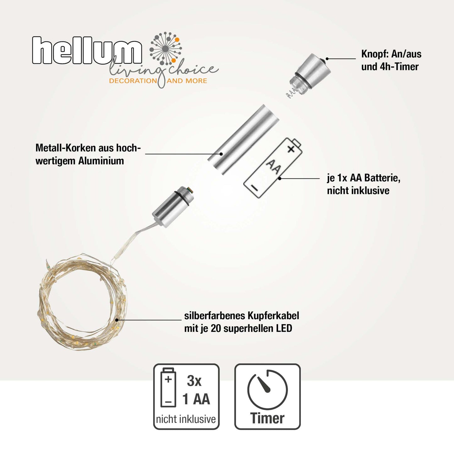 Hellum Flaschenlichter, 20 LEDs, batteriebetrieben, Metallkorken, 3-er Set 524451
