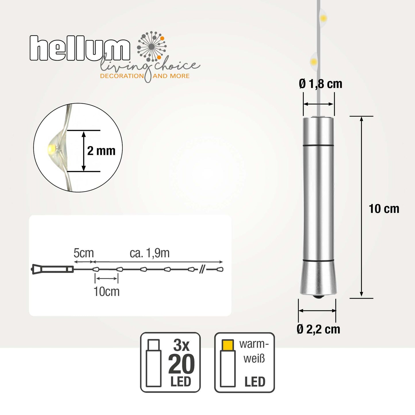 Hellum Flaschenlichter, 20 LEDs, batteriebetrieben, Metallkorken, 3-er Set 524451