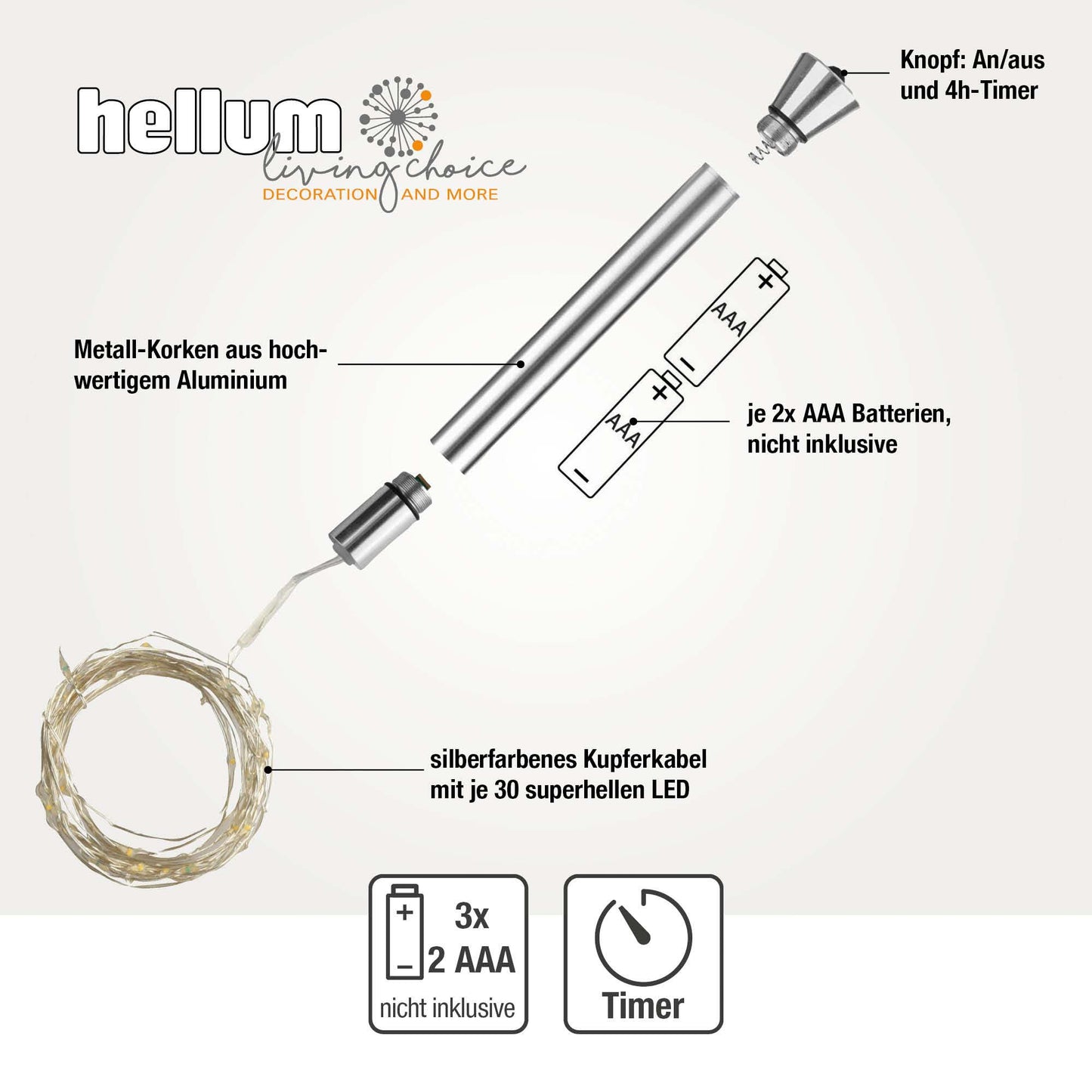 Hellum LED Flaschenlichter, 30 LEDs, batteriebetrieben, Metallkorken, 3-er Set 524543