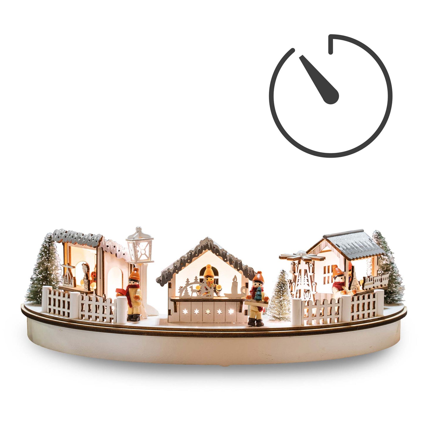 LED- Holz Stadt-Szenerie im Halbkreis, 8 LEDs ww, 39x8x18,5cm, mit  6 h Timer, batteriebetrieben.