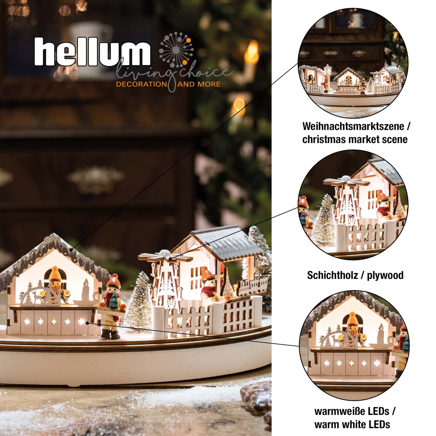 LED- Holz Stadt-Szenerie im Halbkreis, 8 LEDs ww, 39x8x18,5cm, mit  6 h Timer, batteriebetrieben.