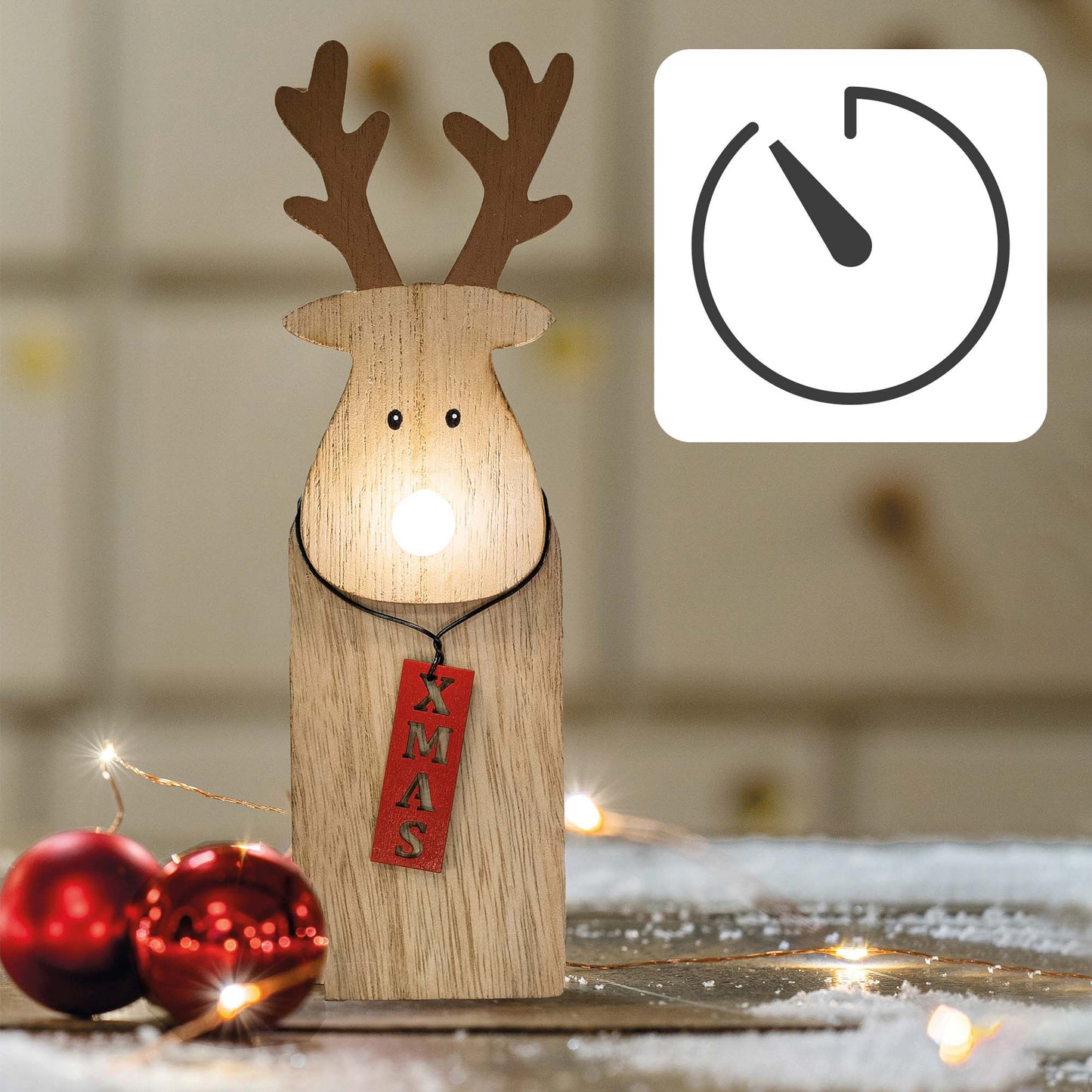 LED-Holz-Rentier mit leuchtender Nase, 1 LED ww, mit 6 h Timer, batteriebetrieben