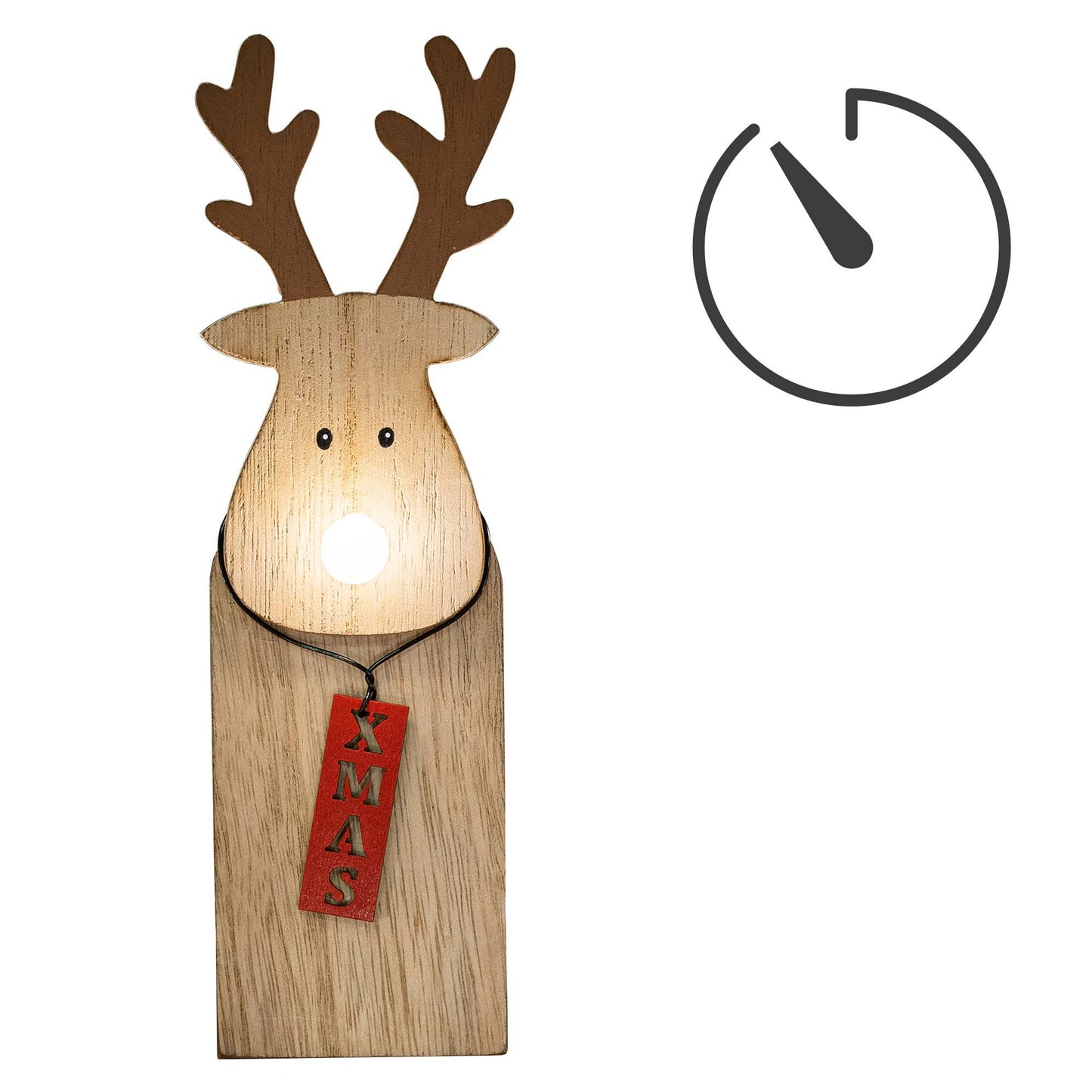 LED-Holz-Rentier mit leuchtender Nase, 1 LED ww, mit 6 h Timer, batteriebetrieben