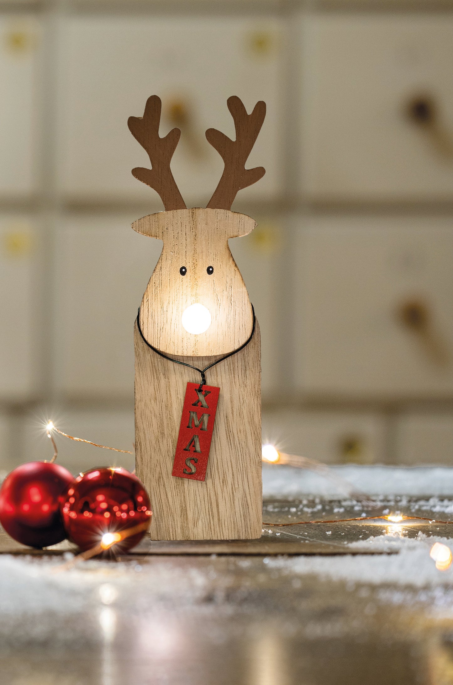 LED-Holz-Rentier mit leuchtender Nase, 1 LED ww, mit 6 h Timer, batteriebetrieben