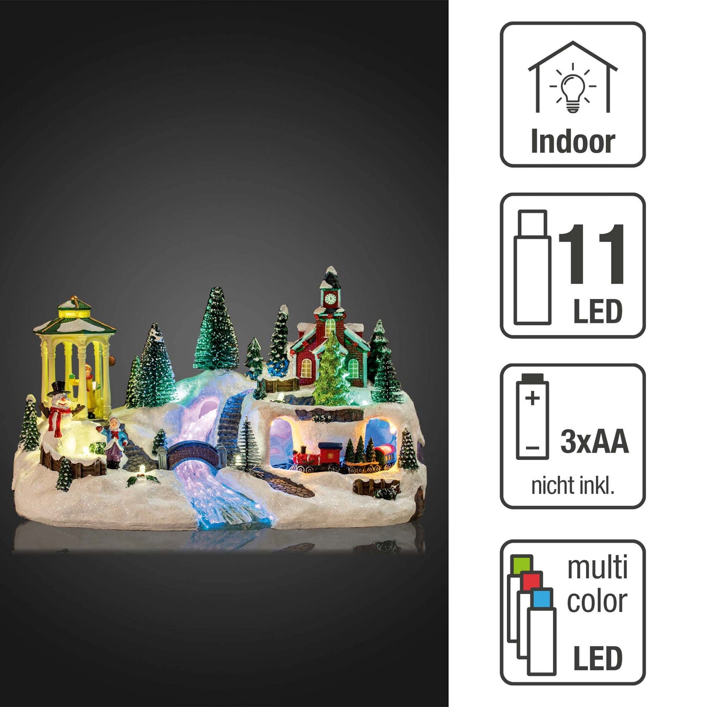 LED-Weihnachtsdorf, Fiberoptik-Stil,  fahrender Zug 8 Musik, 8 Weihnachtslieder, LEDs bunt