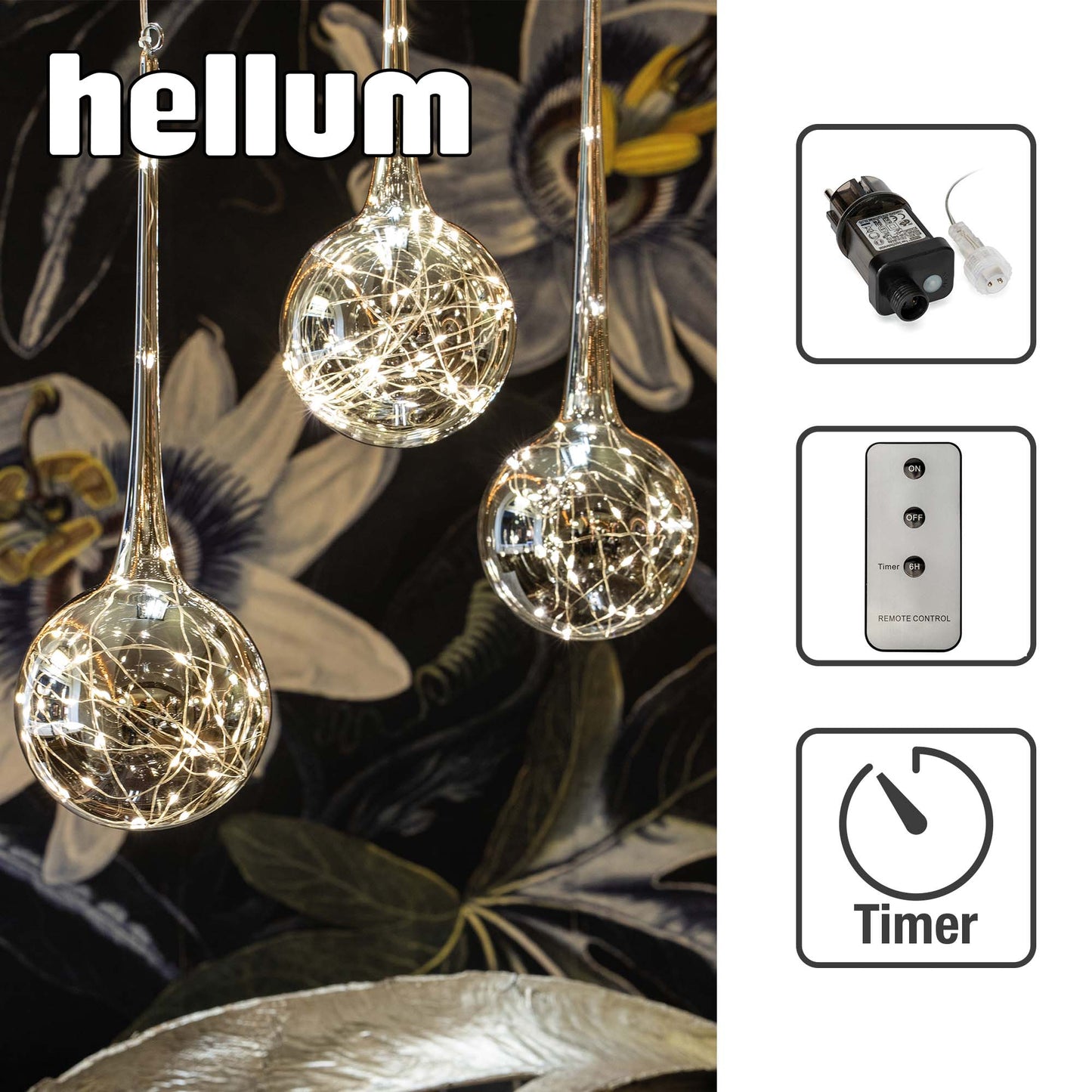 LED-Glas-Tropfen mit Lichterkette, 30 LEDs warm-weiß, beschichtetes Glas "Smokey",  Innen-Transformator