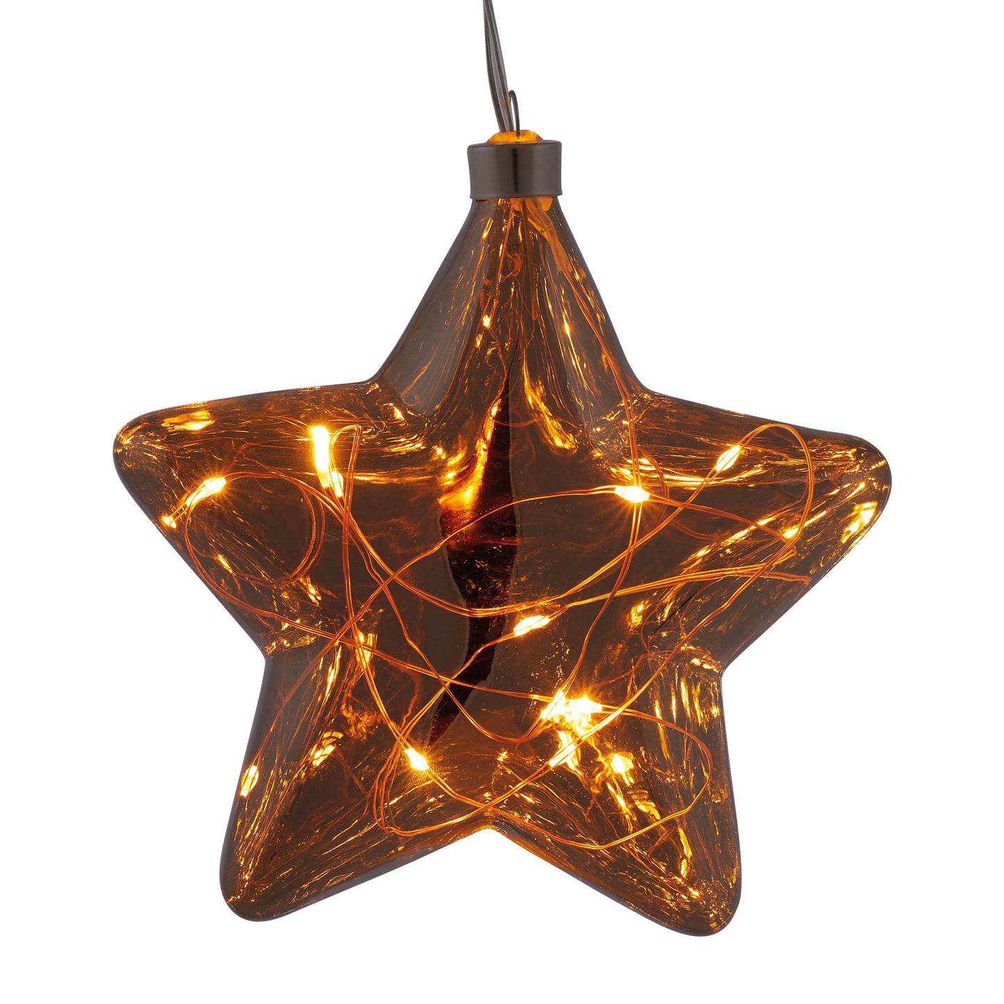 LED-Glas-Stern, rauchgrau,  mit Lichterkette "Tauperlen", 10 LEDs bernsteinfarbene, 6 h Timer