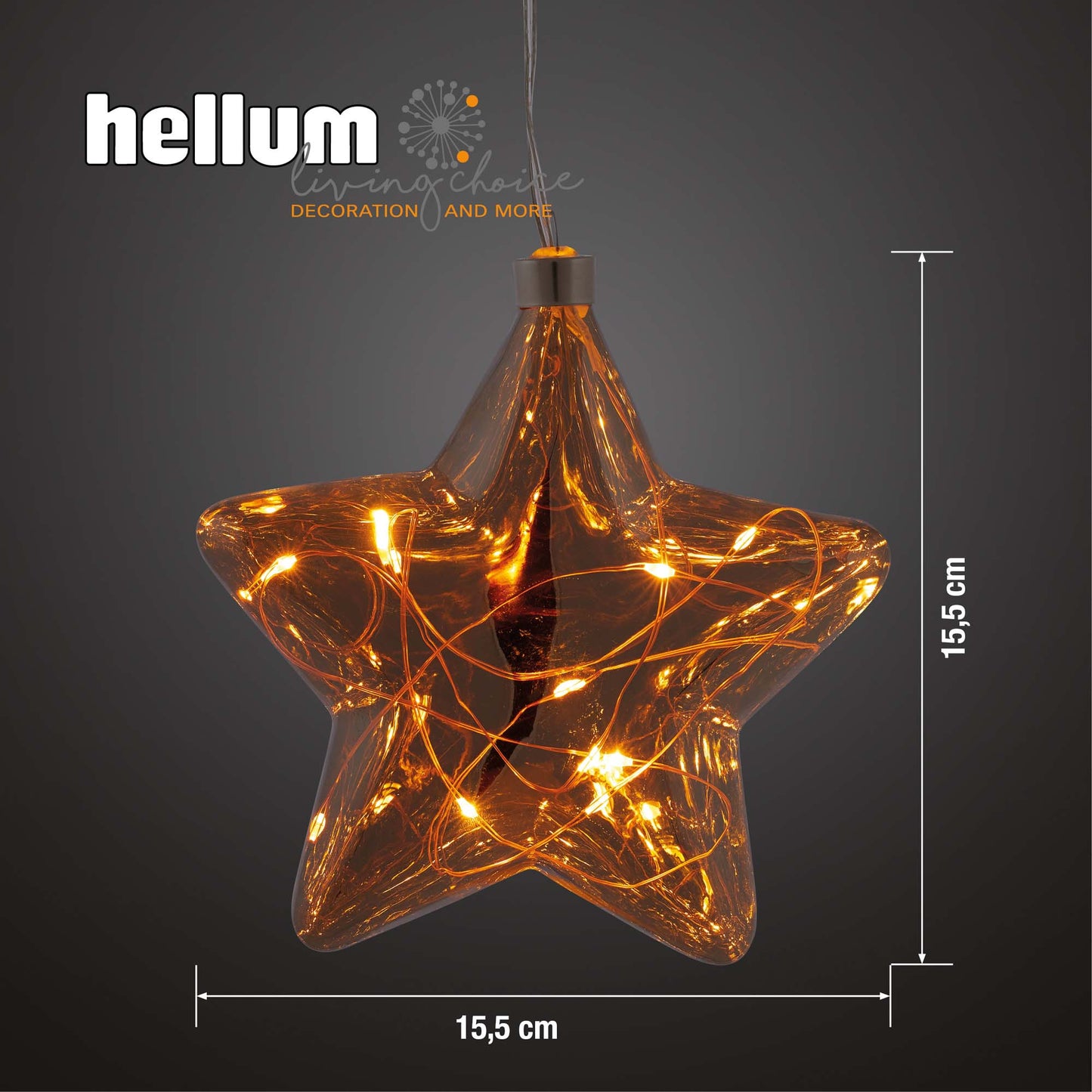 LED-Glas-Stern, rauchgrau,  mit Lichterkette "Tauperlen", 10 LEDs bernsteinfarbene, 6 h Timer