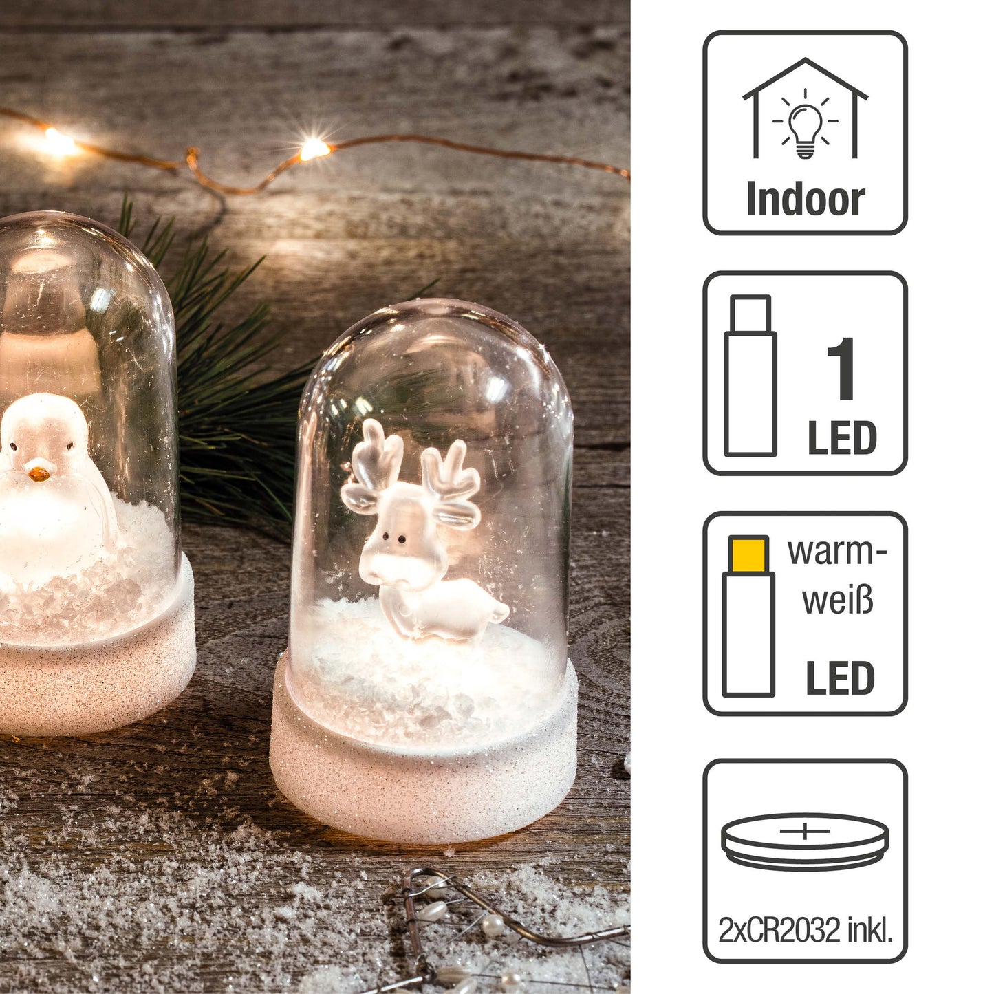 LED-Kuppel auf weißem Sockel, 1 LED ww, mit Acryl-Rentier, mit Timer, inkl. Batterie