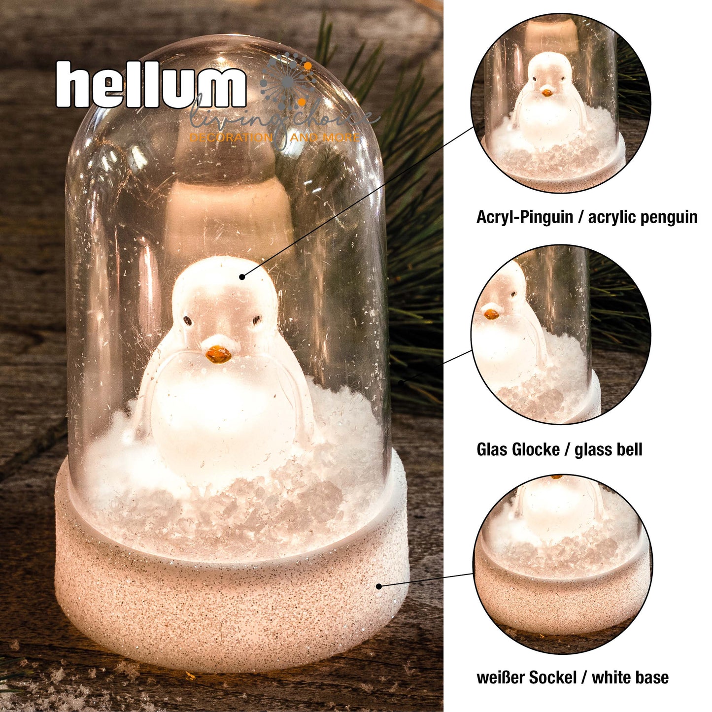 LED-Kuppel auf weißem Sockel, 1 LED ww, mit Acryl-Pinguin, mit Timer, batteriebetrieben