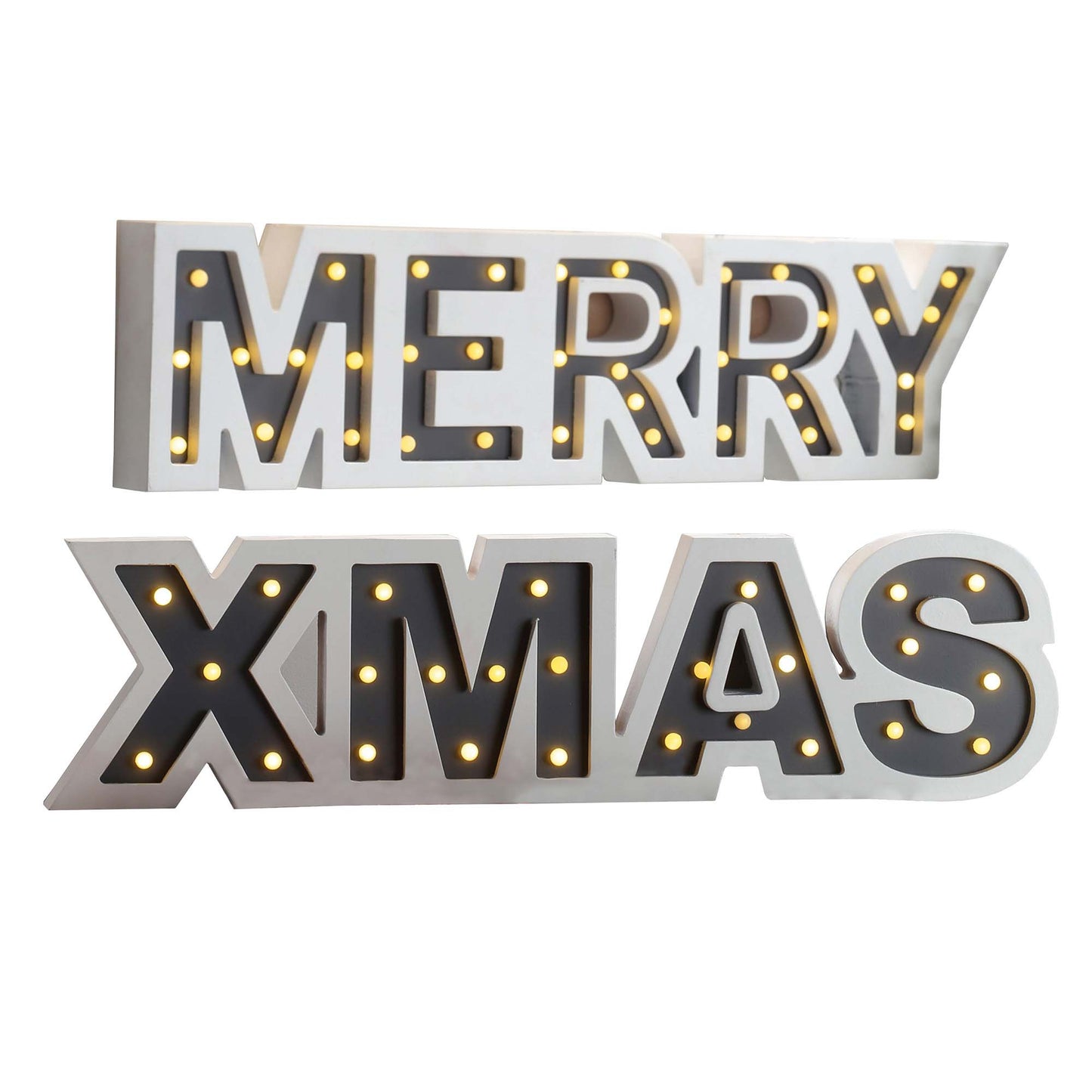 Set bestehend aus LED-Holzschilder "Merry" und "X-Mas", batteriebetrieben