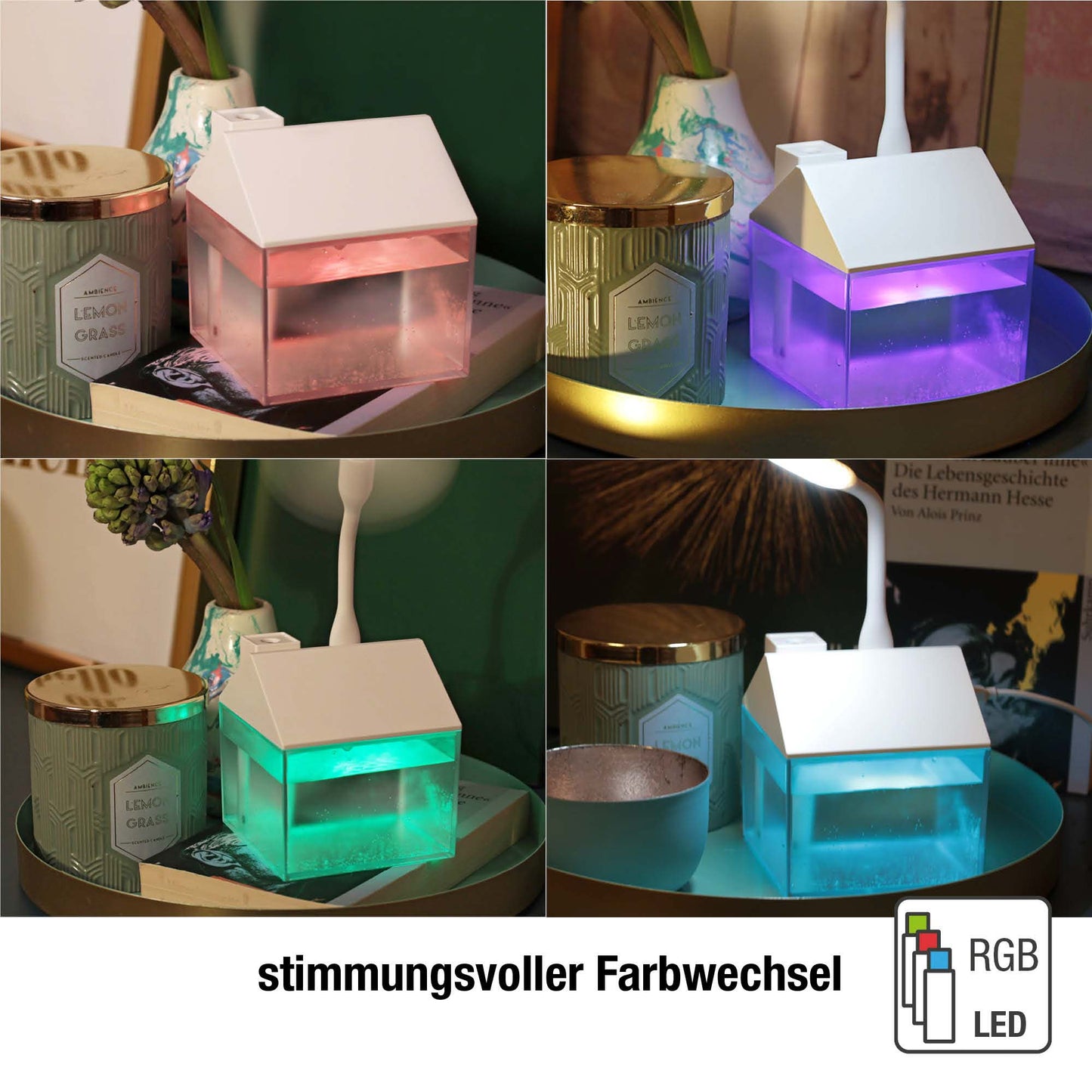 Mini Luftbefeuchter Haus Weiß mit RGB-Farbwechsel (250 ml) 8,4 x 9,5 cm