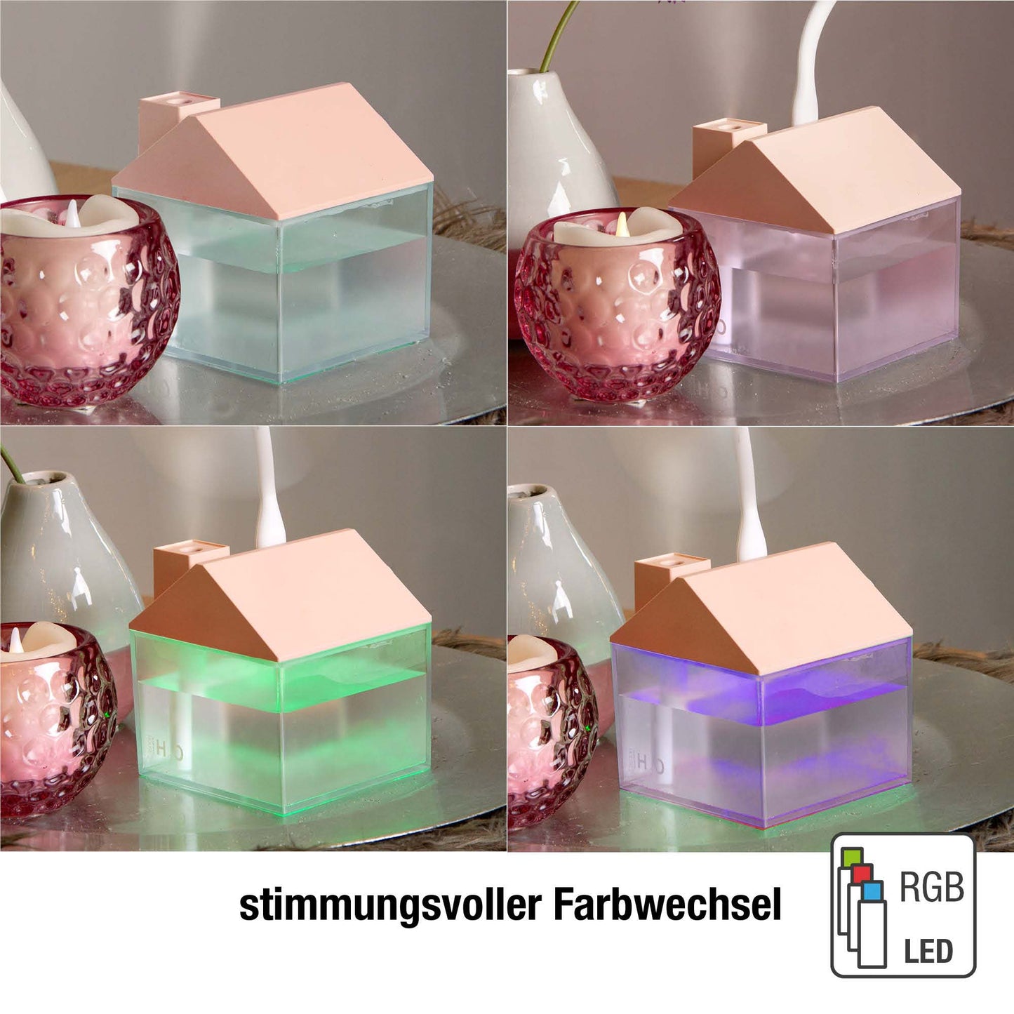 Mini Luftbefeuchter Haus Rosa mit RGB-Farbwechsel (250 ml) 8,4 x 9,5 cm