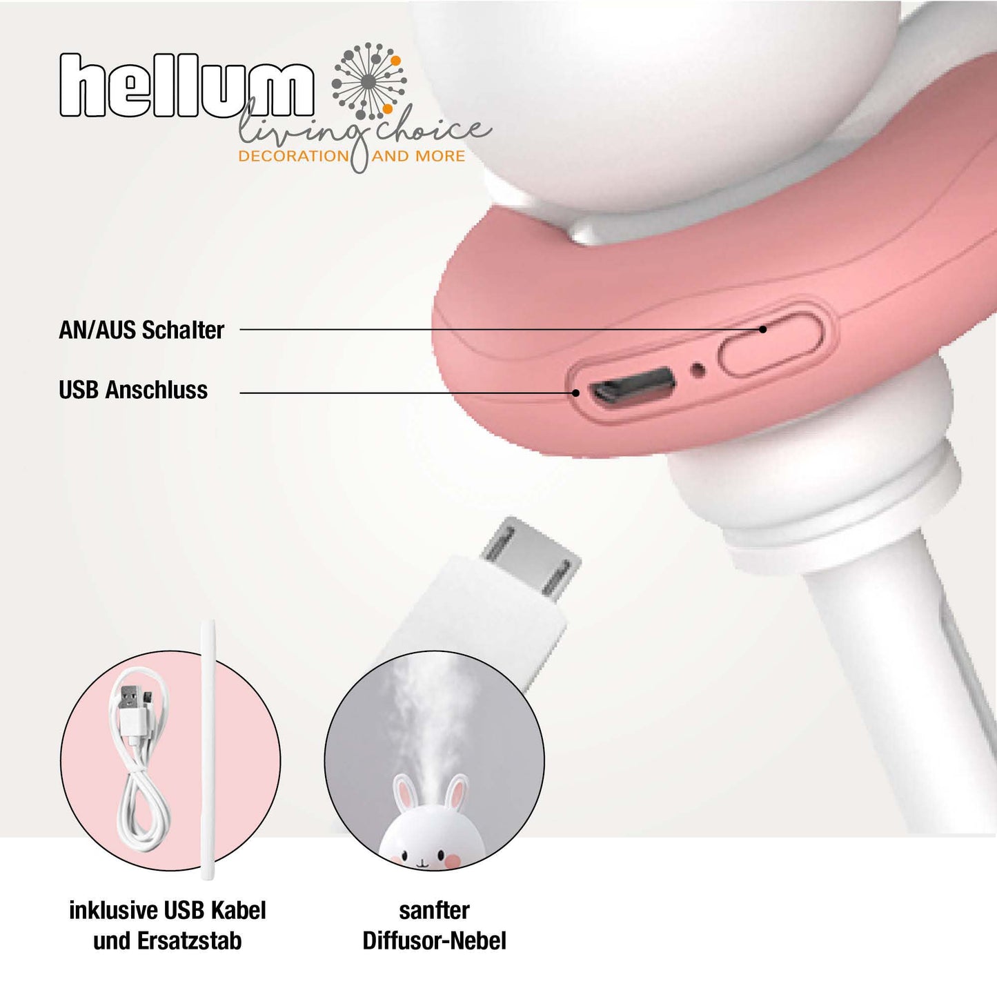 Mini Luftbefeuchter mit Hasenmotiv, Diffuser fürs Kinderzimmer 6,4 x 16,5 cm