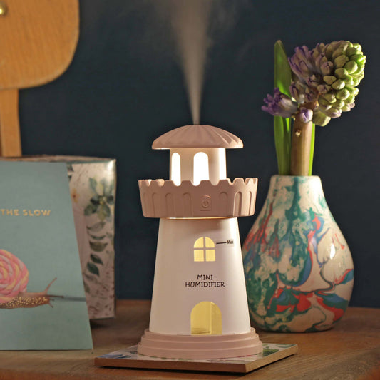 Mini Luftbefeuchter Leuchtturm Rosa mit Nachtlicht 8 × 14,5 cm