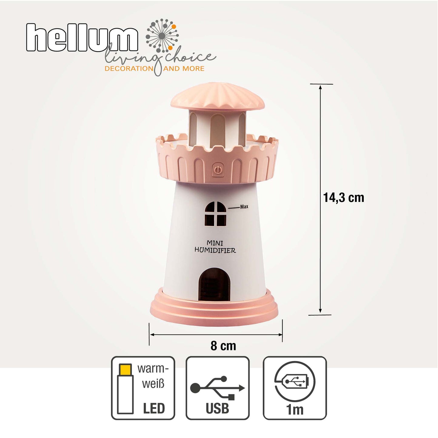 Mini Luftbefeuchter Leuchtturm Rosa mit Nachtlicht 8 × 14,5 cm