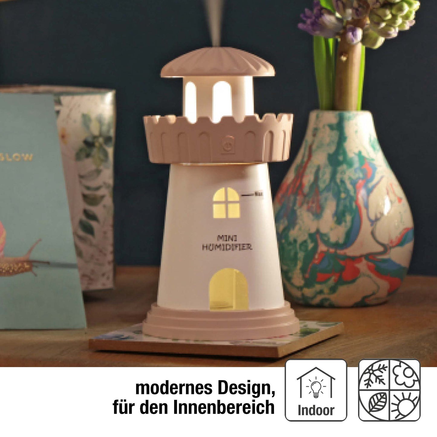 Mini Luftbefeuchter Leuchtturm Rosa mit Nachtlicht 8 × 14,5 cm