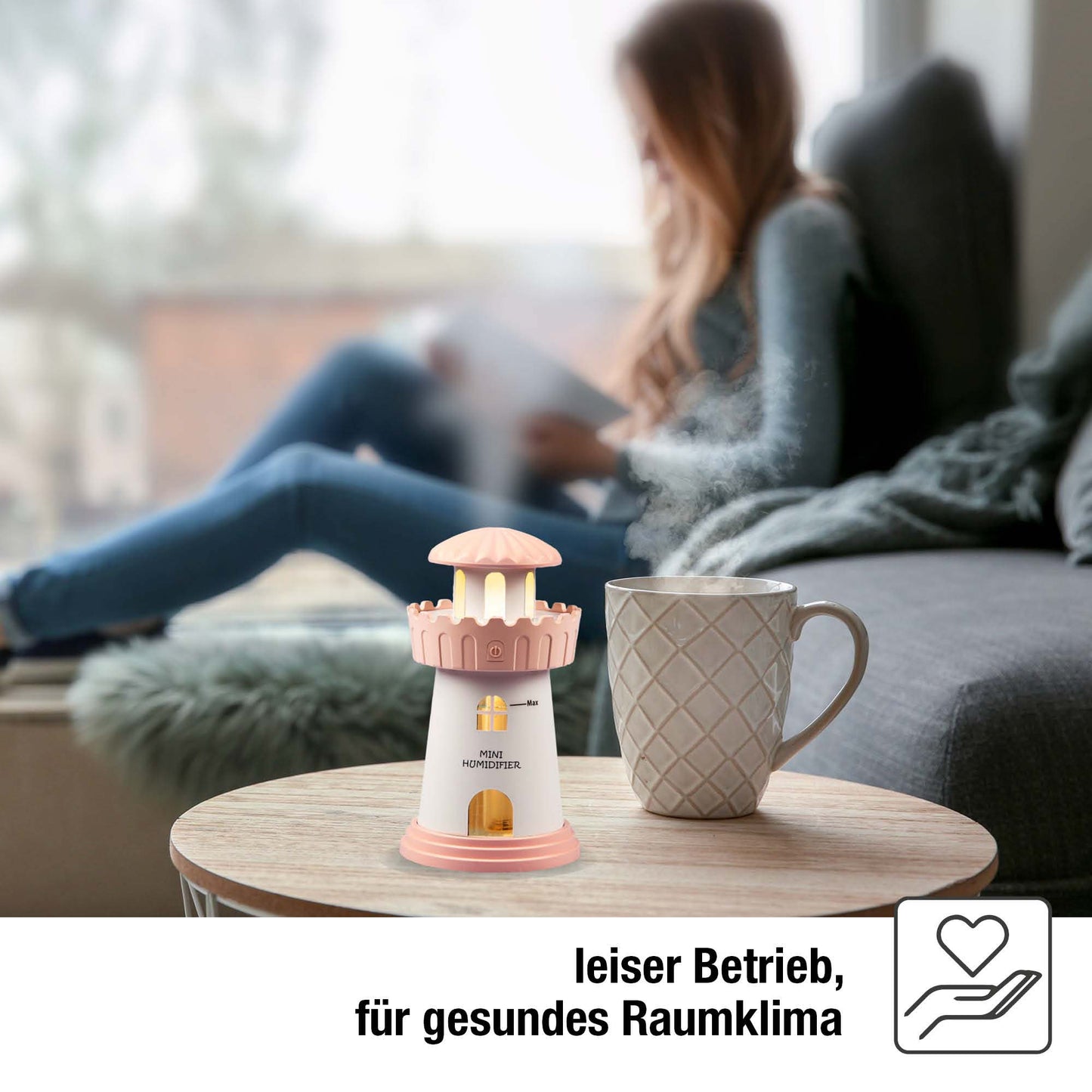 Mini Luftbefeuchter Leuchtturm Rosa mit Nachtlicht 8 × 14,5 cm