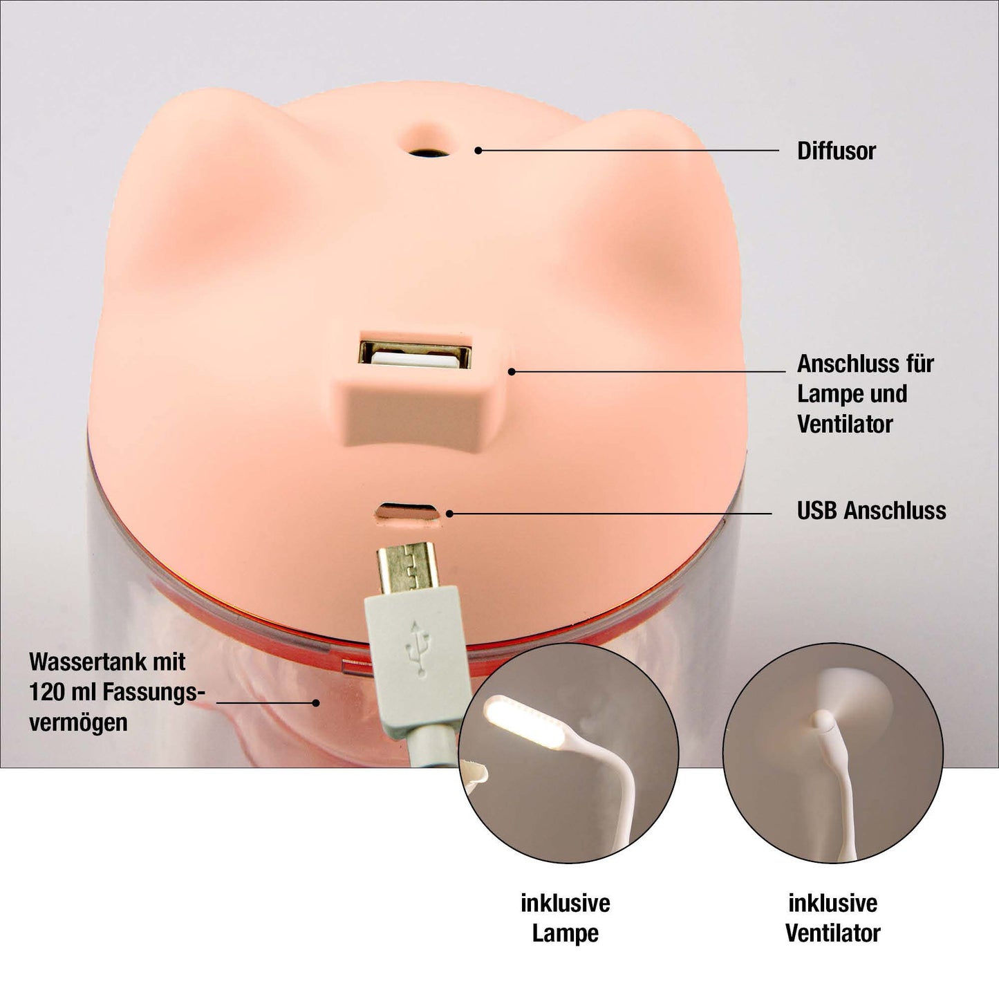 Mini Luftbefeuchter Katze Rosa mit RGB-Farbwechsel (120 ml) 9 x 12 cm