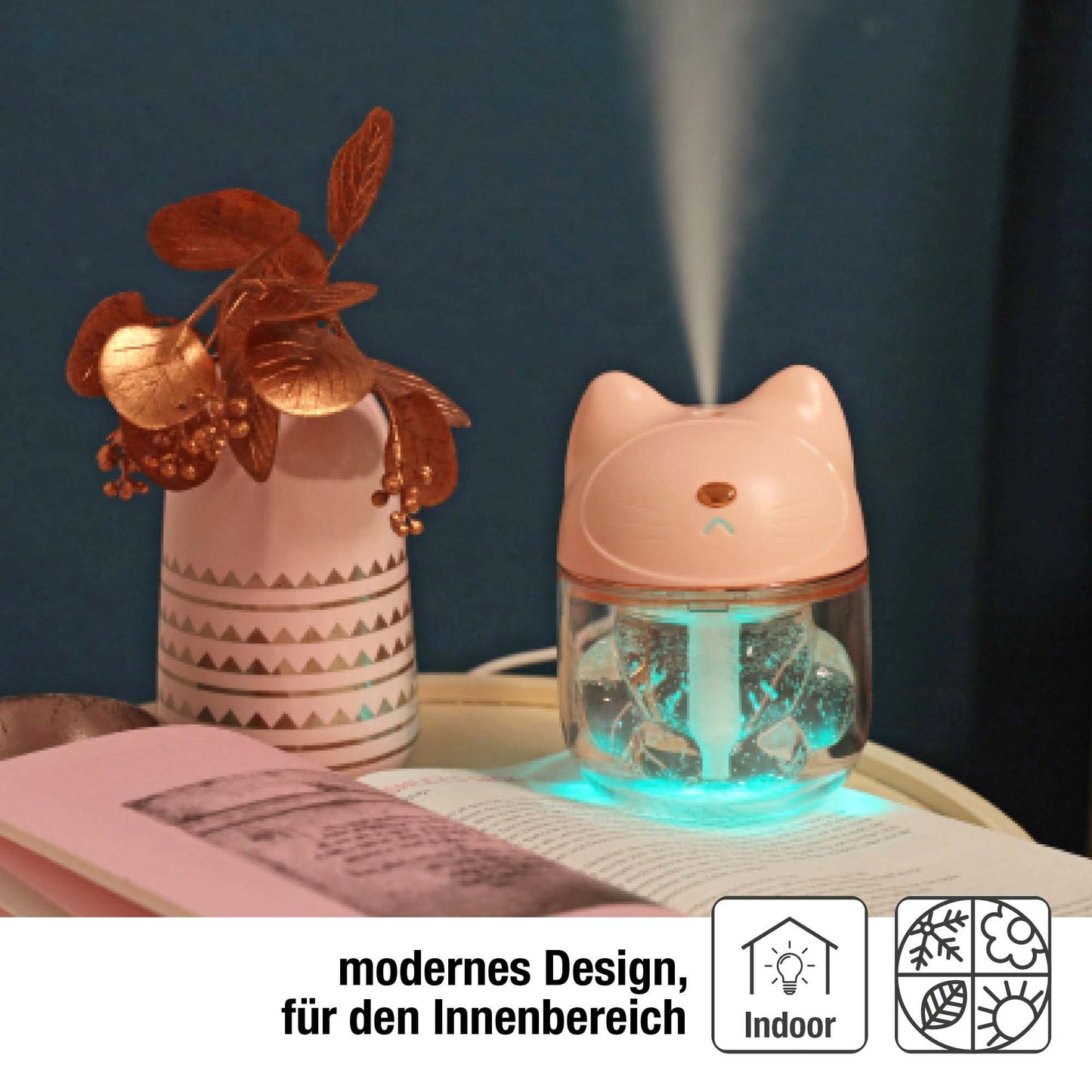 Mini Luftbefeuchter Katze Rosa mit RGB-Farbwechsel (120 ml) 9 x 12 cm
