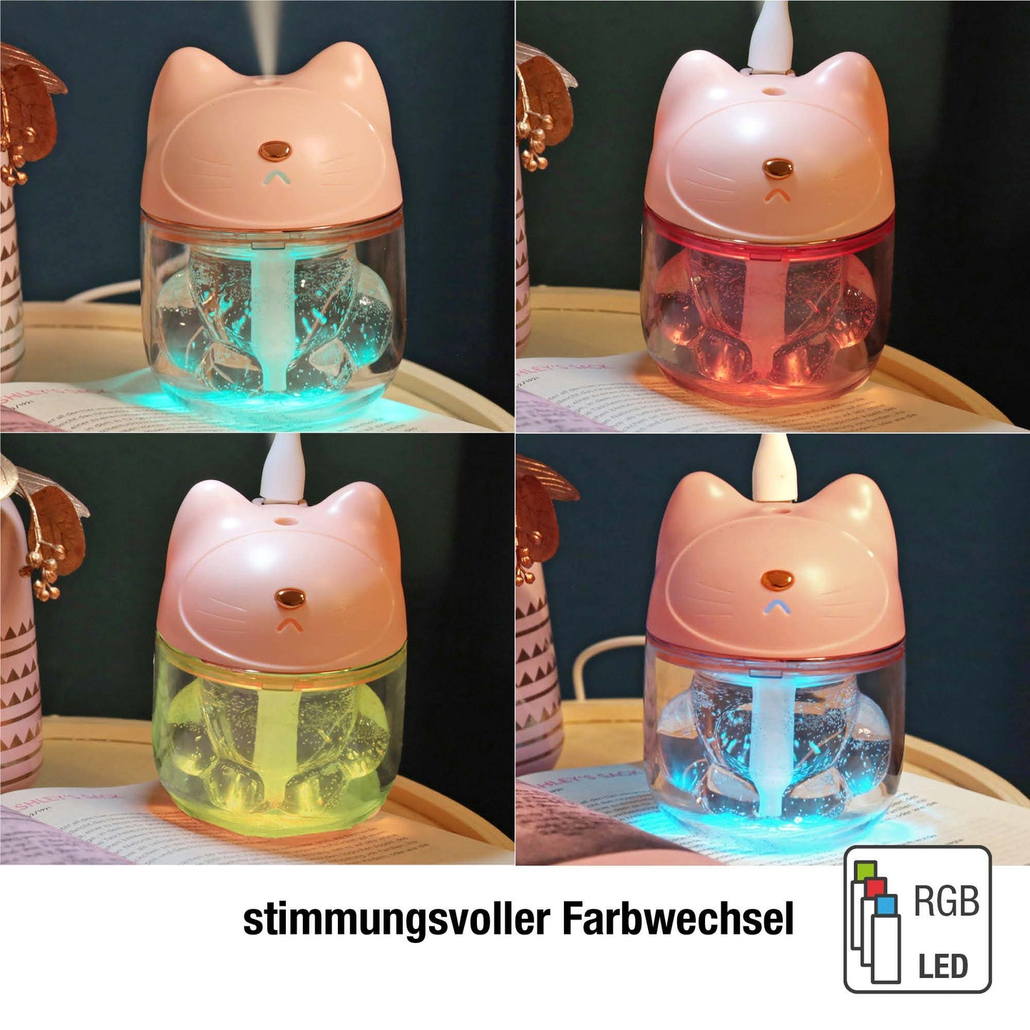 Mini Luftbefeuchter Katze Rosa mit RGB-Farbwechsel (120 ml) 9 x 12 cm
