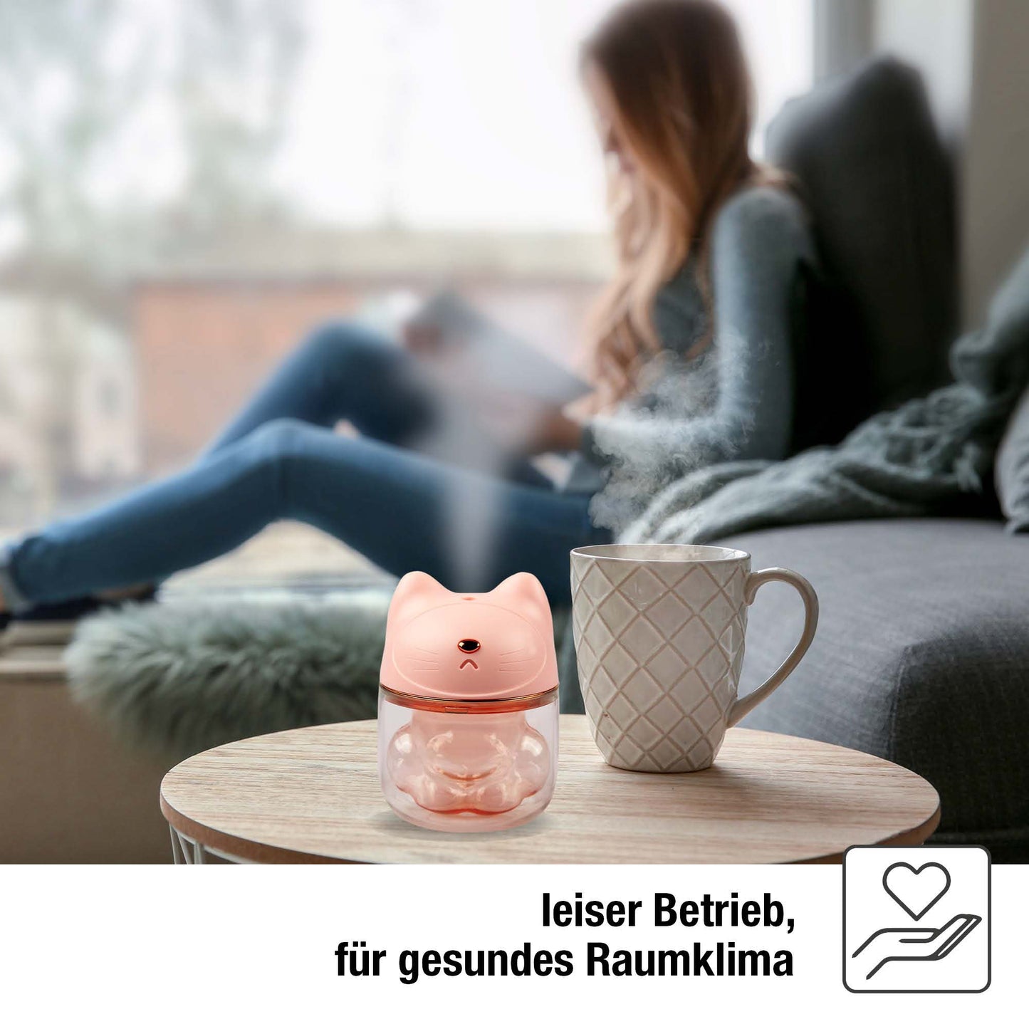 Mini Luftbefeuchter Katze Rosa mit RGB-Farbwechsel (120 ml) 9 x 12 cm