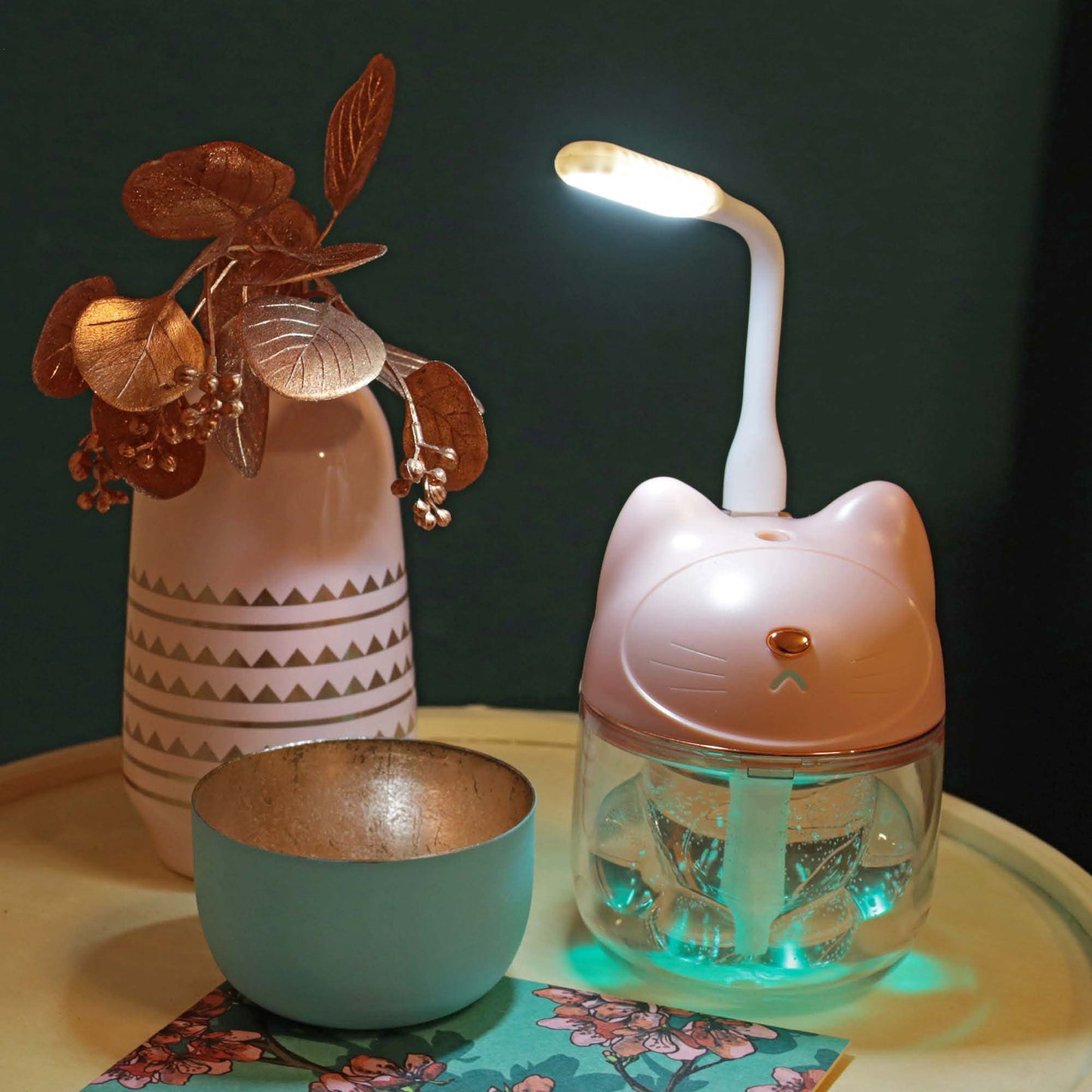 Mini Luftbefeuchter Katze Rosa mit RGB-Farbwechsel (120 ml) 9 x 12 cm