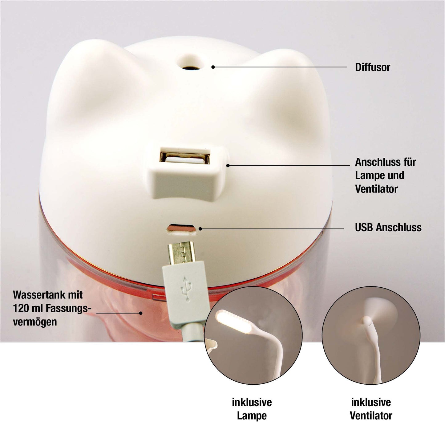 Mini Luftbefeuchter Katze Weiß mit RGB-Farbwechsel (120 ml) 9 x 12 cm
