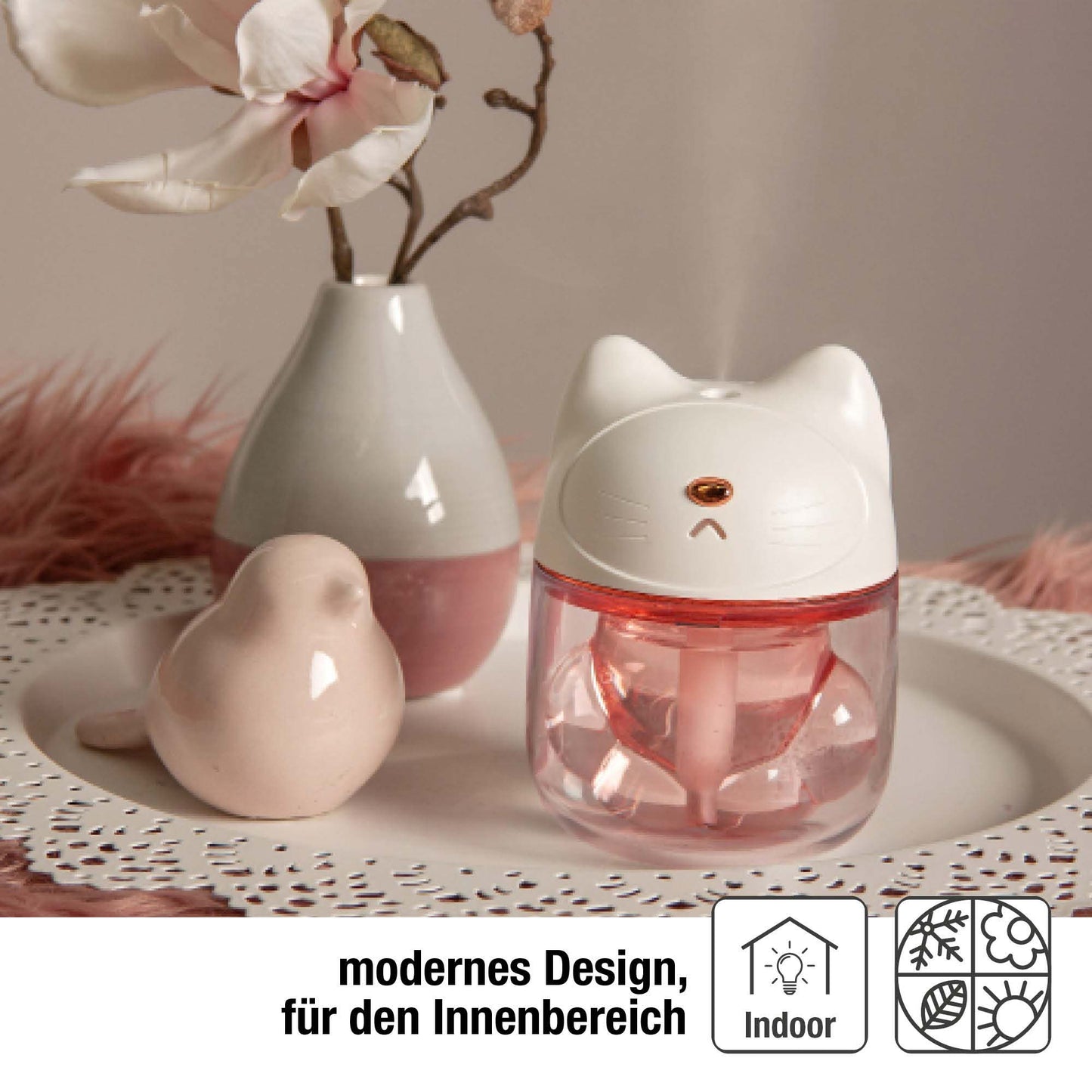 Mini Luftbefeuchter Katze Weiß mit RGB-Farbwechsel (120 ml) 9 x 12 cm