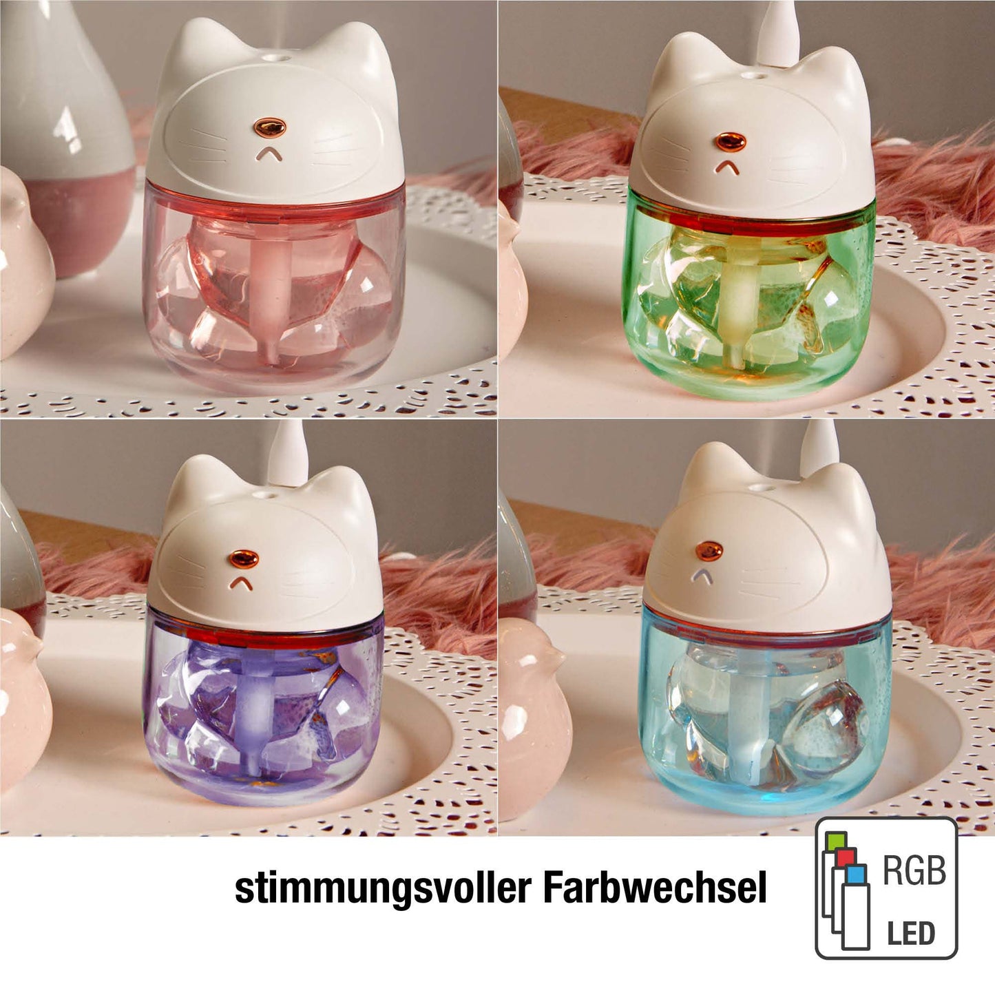 Mini Luftbefeuchter Katze Weiß mit RGB-Farbwechsel (120 ml) 9 x 12 cm