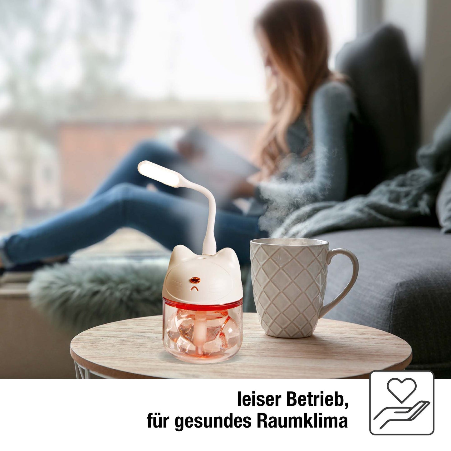 Mini Luftbefeuchter Katze Weiß mit RGB-Farbwechsel (120 ml) 9 x 12 cm