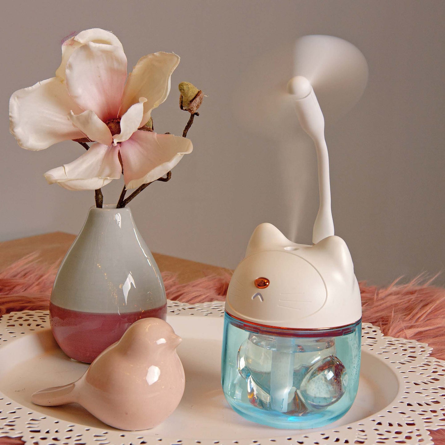 Mini Luftbefeuchter Katze Weiß mit RGB-Farbwechsel (120 ml) 9 x 12 cm