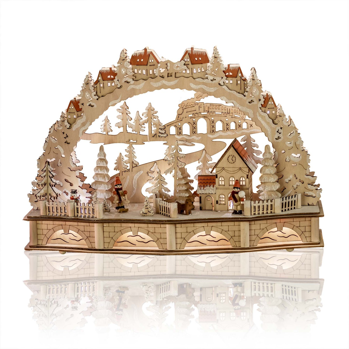 LED-Holzleuchter „Winterliche Dorfszene mit Eisenbahn“, mit 6h-Timer, batteriebetrieben