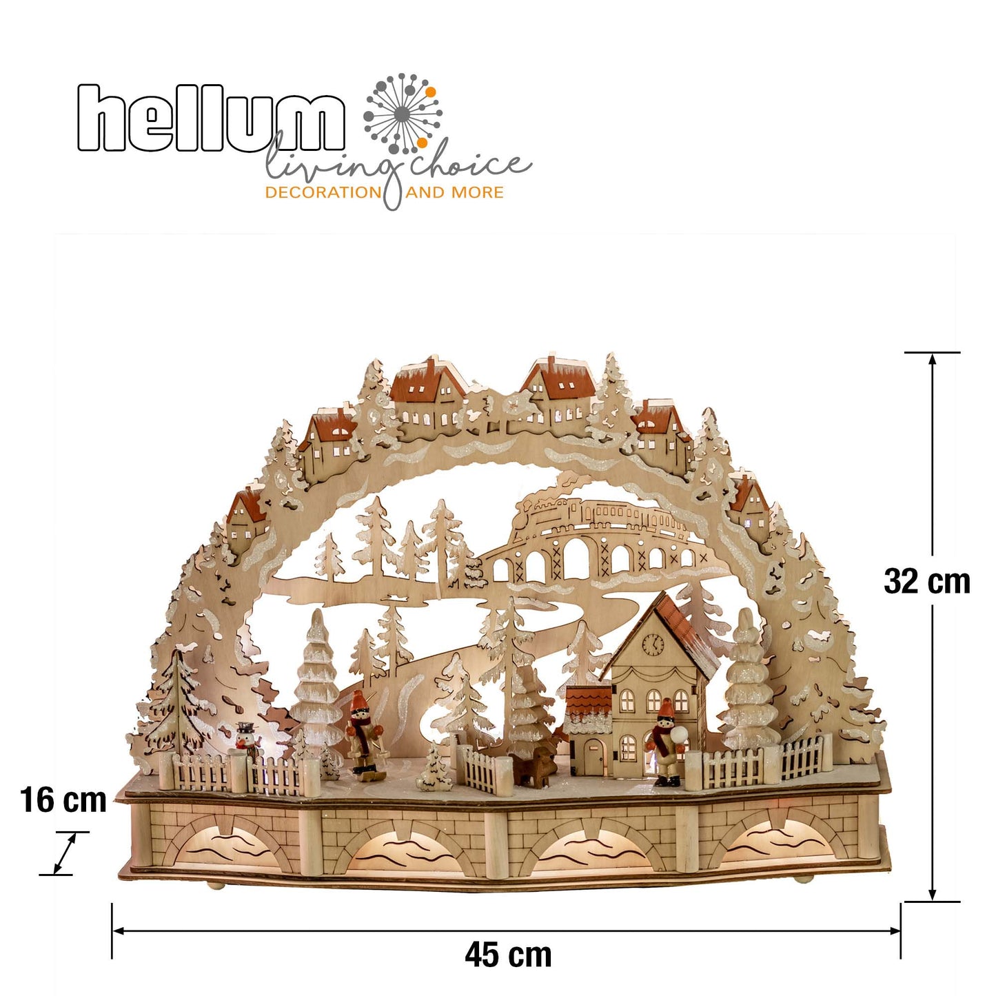 LED-Holzleuchter „Winterliche Dorfszene mit Eisenbahn“, mit 6h-Timer, batteriebetrieben