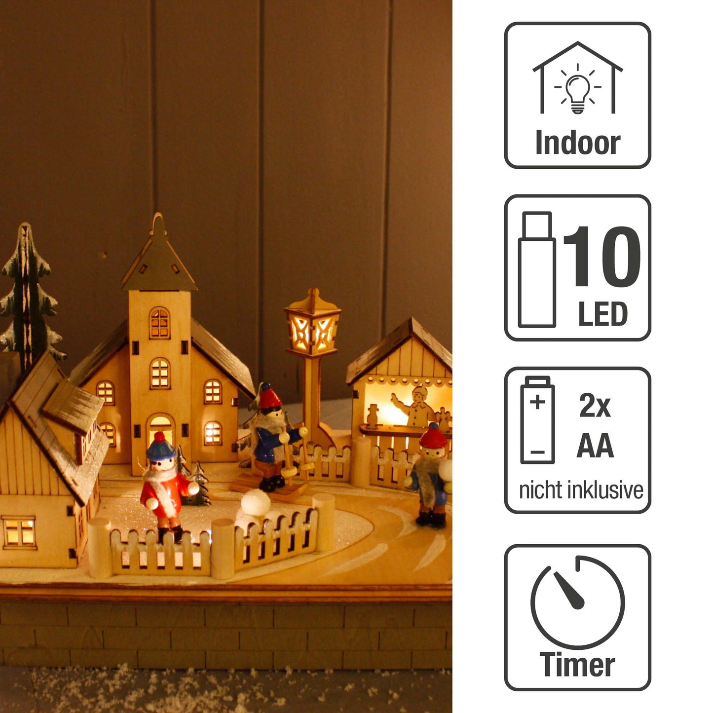 LED-Holzleuchter „Winterliches Dorfleben mit Kirche“, mit 6h-Timer, batteriebetrieben
