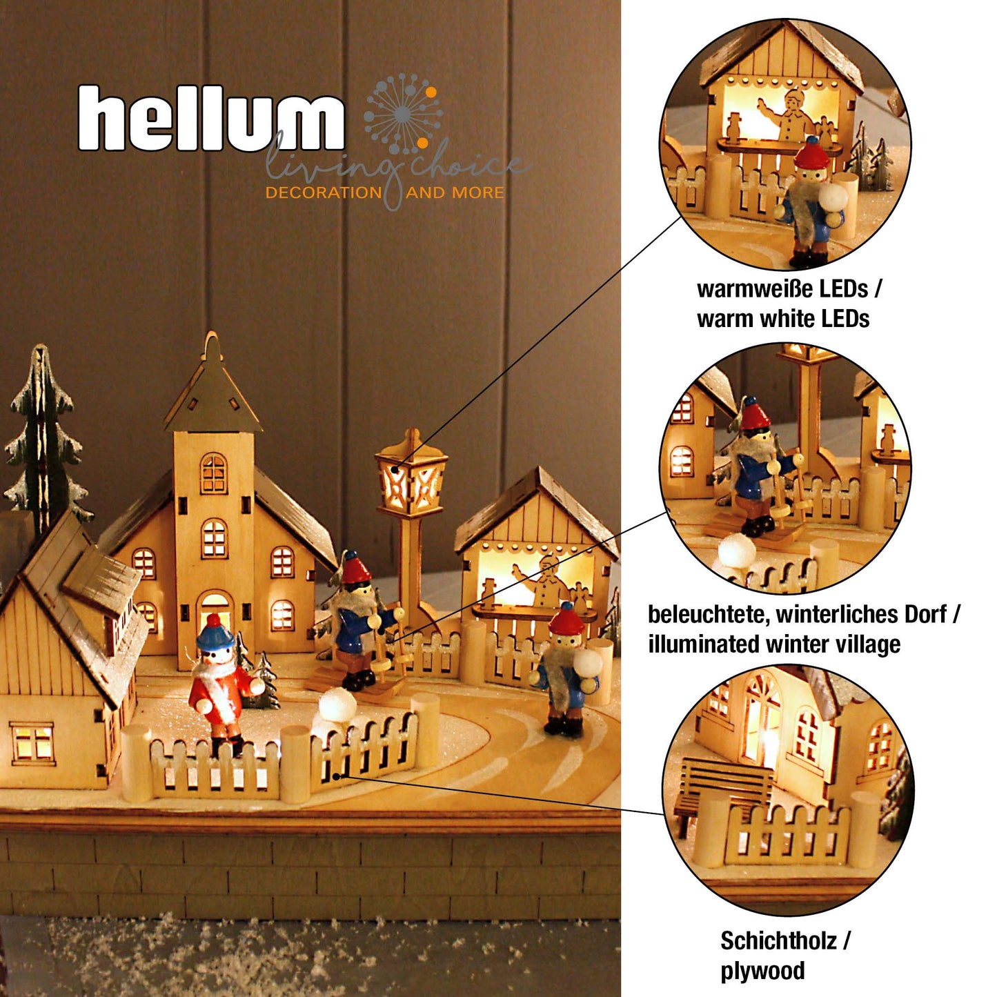 LED-Holzleuchter „Winterliches Dorfleben mit Kirche“, mit 6h-Timer, batteriebetrieben