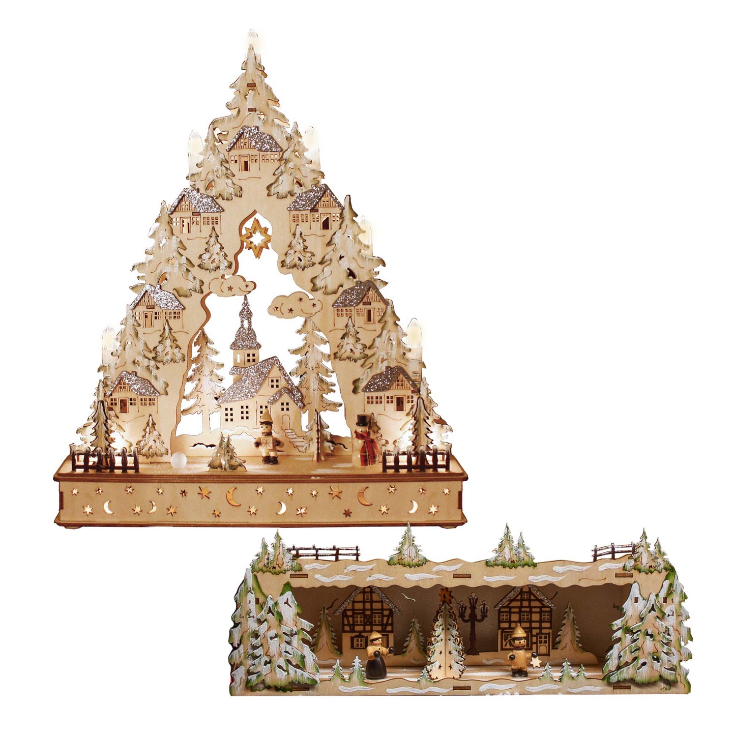 LED-Holzleuchter „Winterliche Kirche mit Schneemann“, mit 6h-Timer, batteriebetrieben_525021