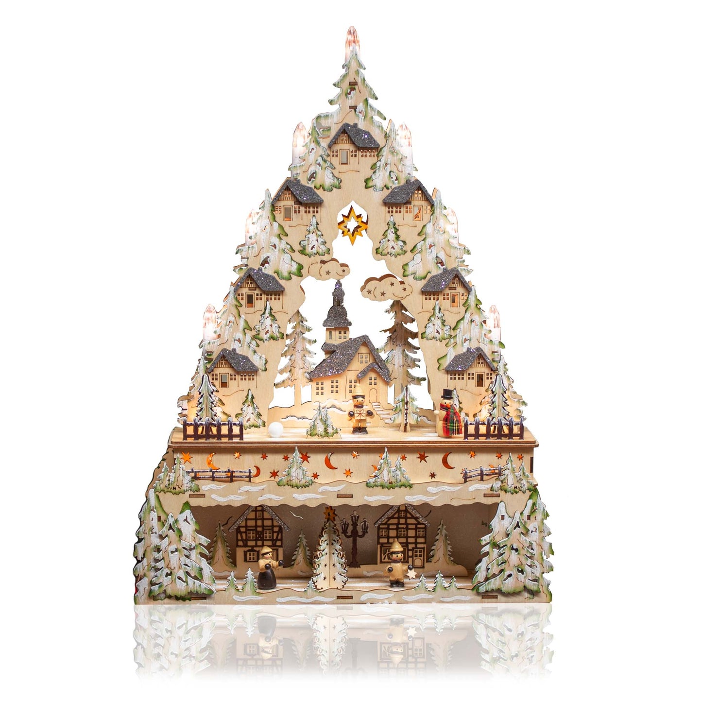 LED-Holzleuchter „Winterliche Kirche mit Schneemann“, mit 6h-Timer, batteriebetrieben