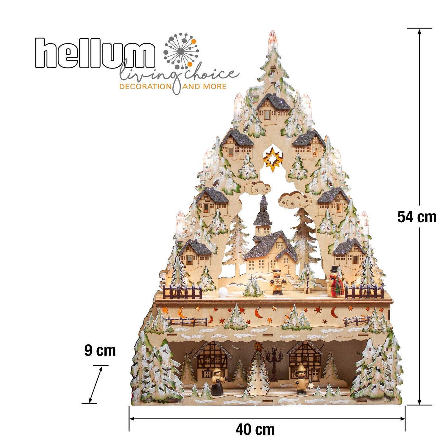 LED-Holzleuchter „Winterliche Kirche mit Schneemann“, mit 6h-Timer, batteriebetrieben