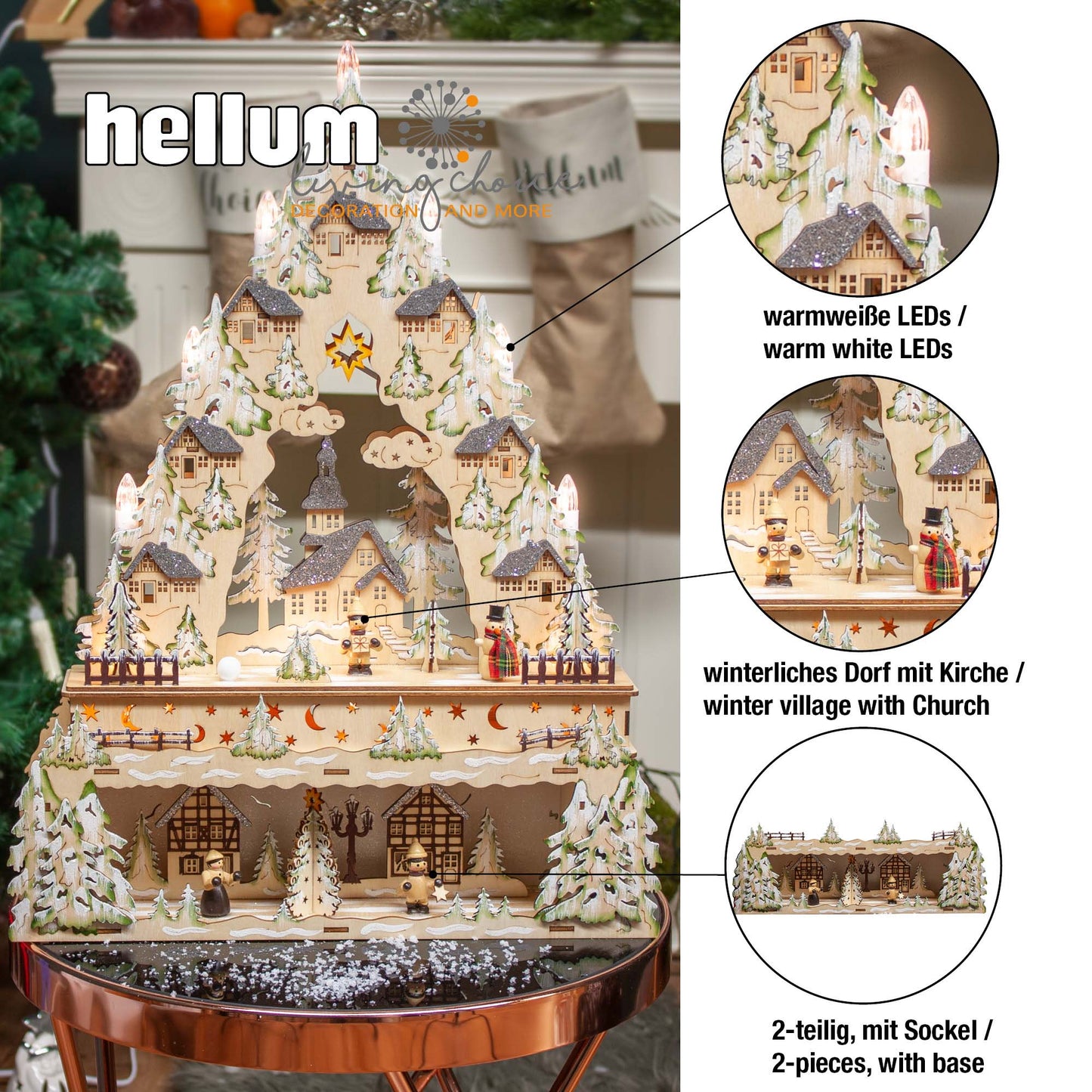 LED-Holzleuchter „Winterliche Kirche mit Schneemann“, mit 6h-Timer, batteriebetrieben